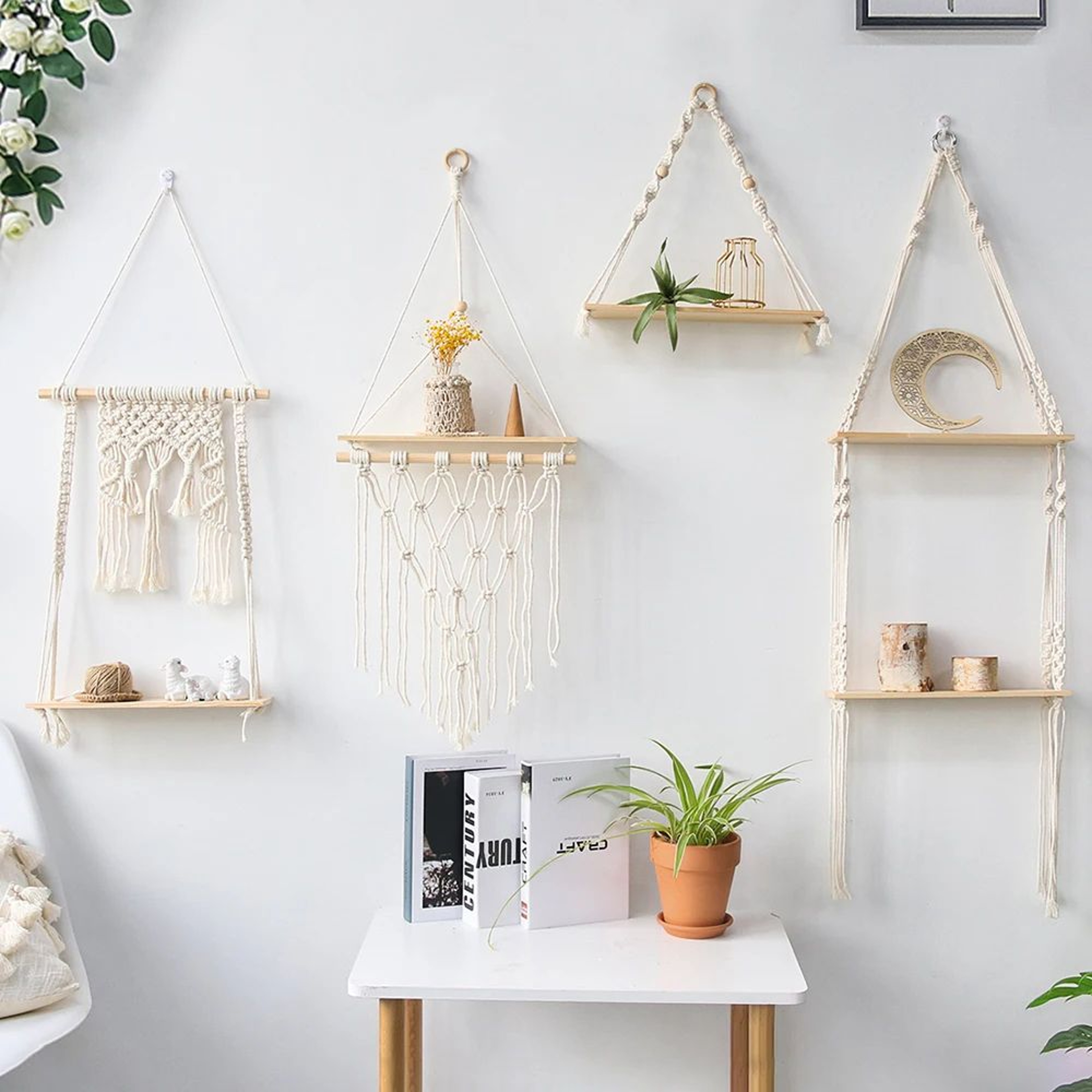 Boho Macrame Wall Hanging Shelf  Floating Wooden Decor Shelf For Bedroom  Living Room 5