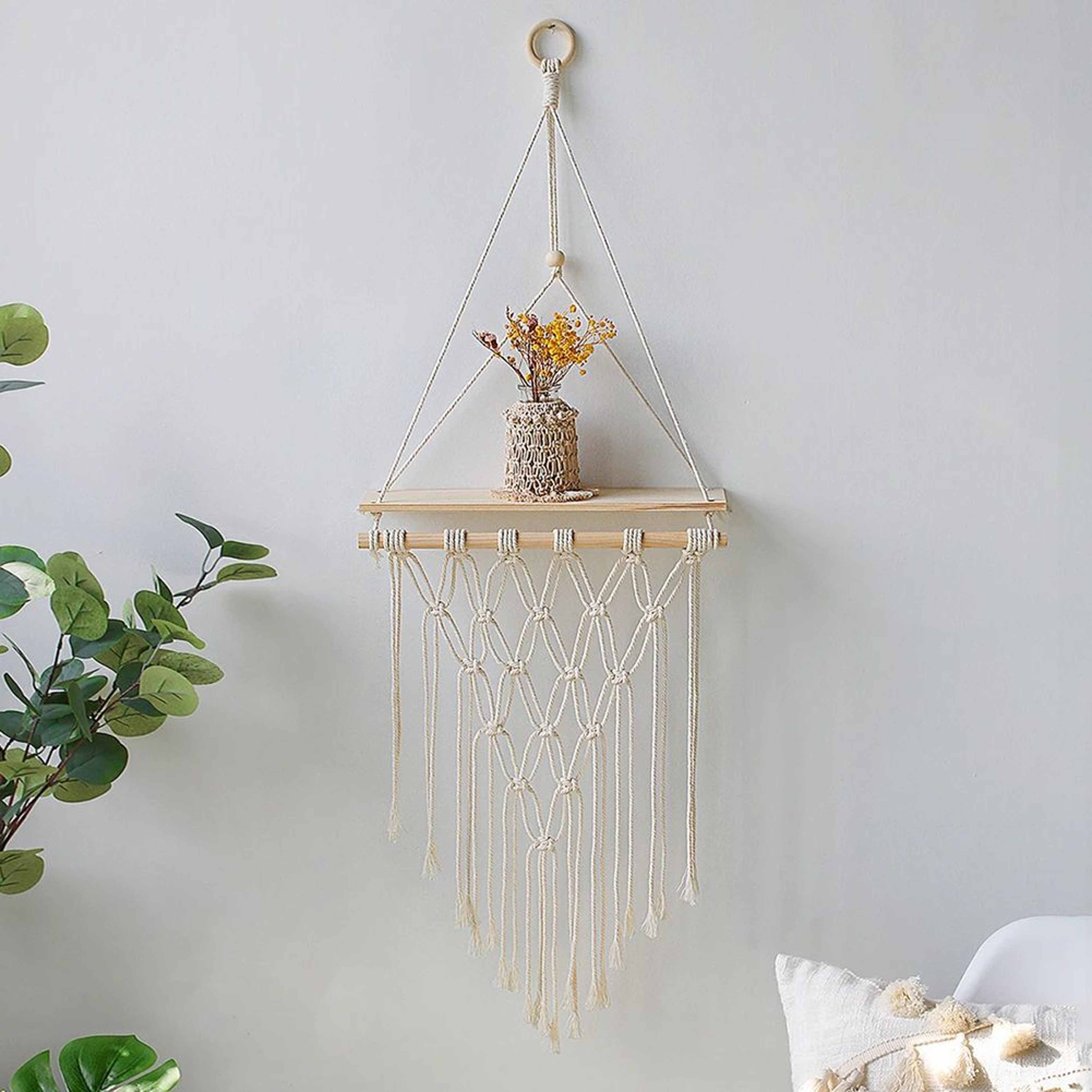 Boho Macrame Wall Hanging Shelf  Floating Wooden Decor Shelf For Bedroom  Living Room 7