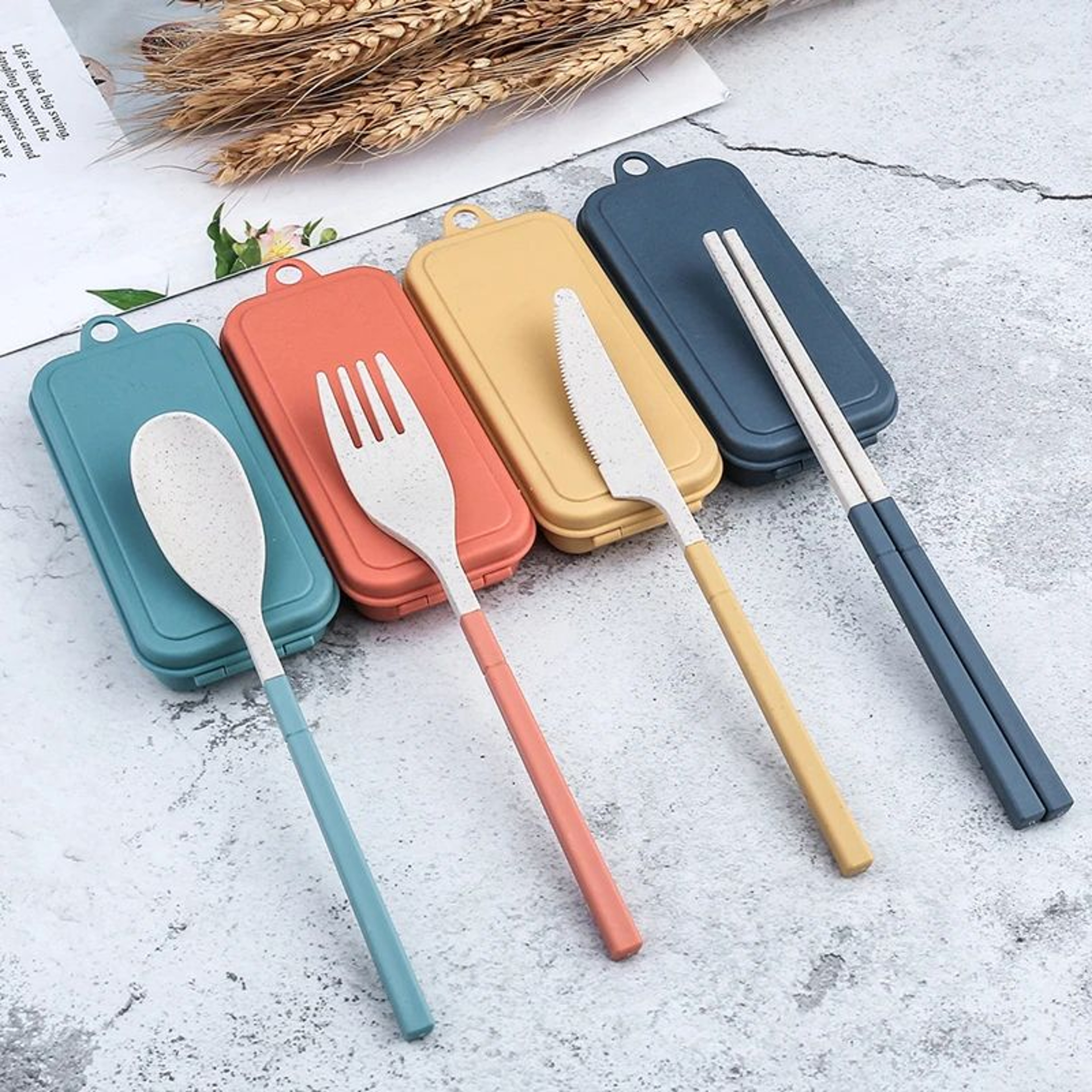 EcoLite 4Piece Portable Travel Cutlery Set  Sustainable EcoFriendly Wheat Straw Tableware With Case 2