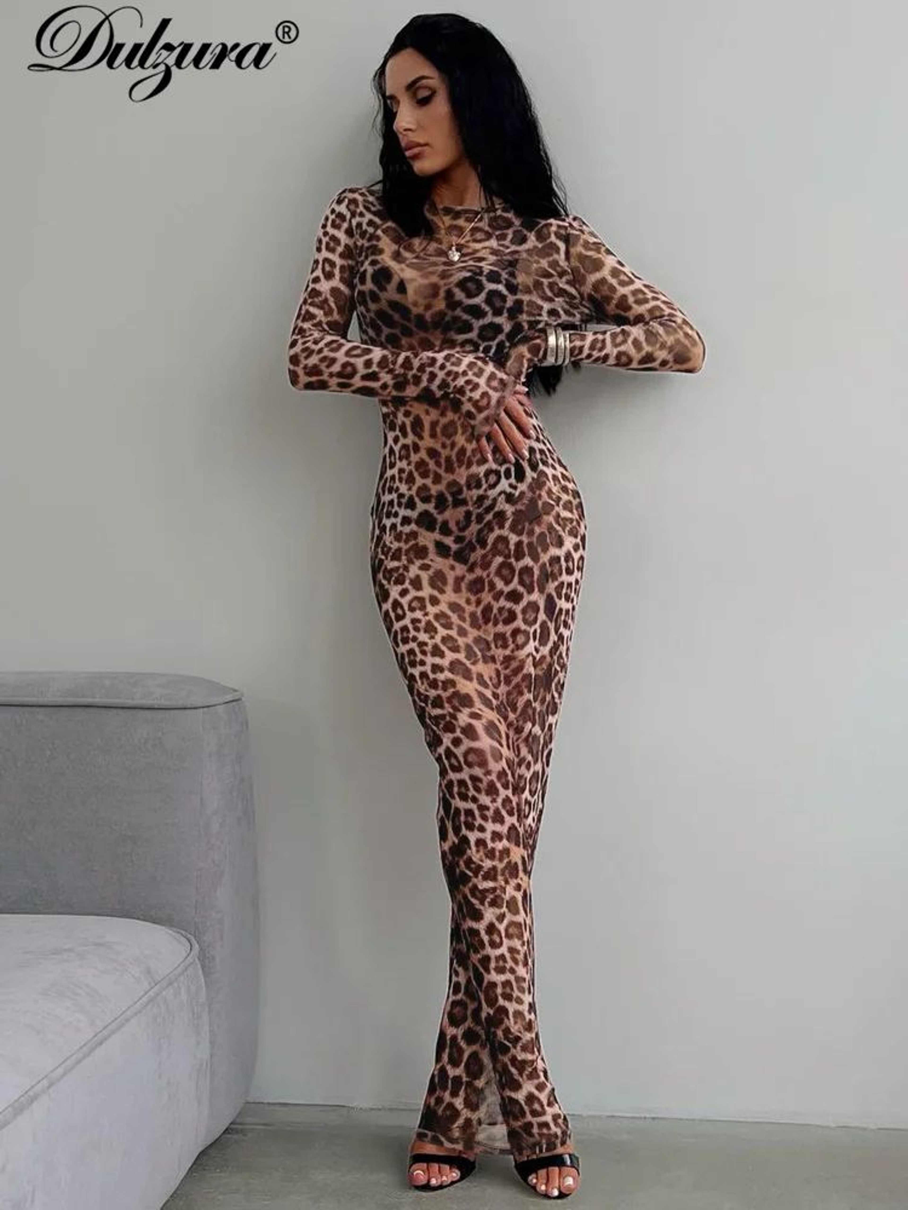 Leopard Print Long Sleeve Maxi Dress  Elegant Y2K Bodycon Party Dress For Women 0