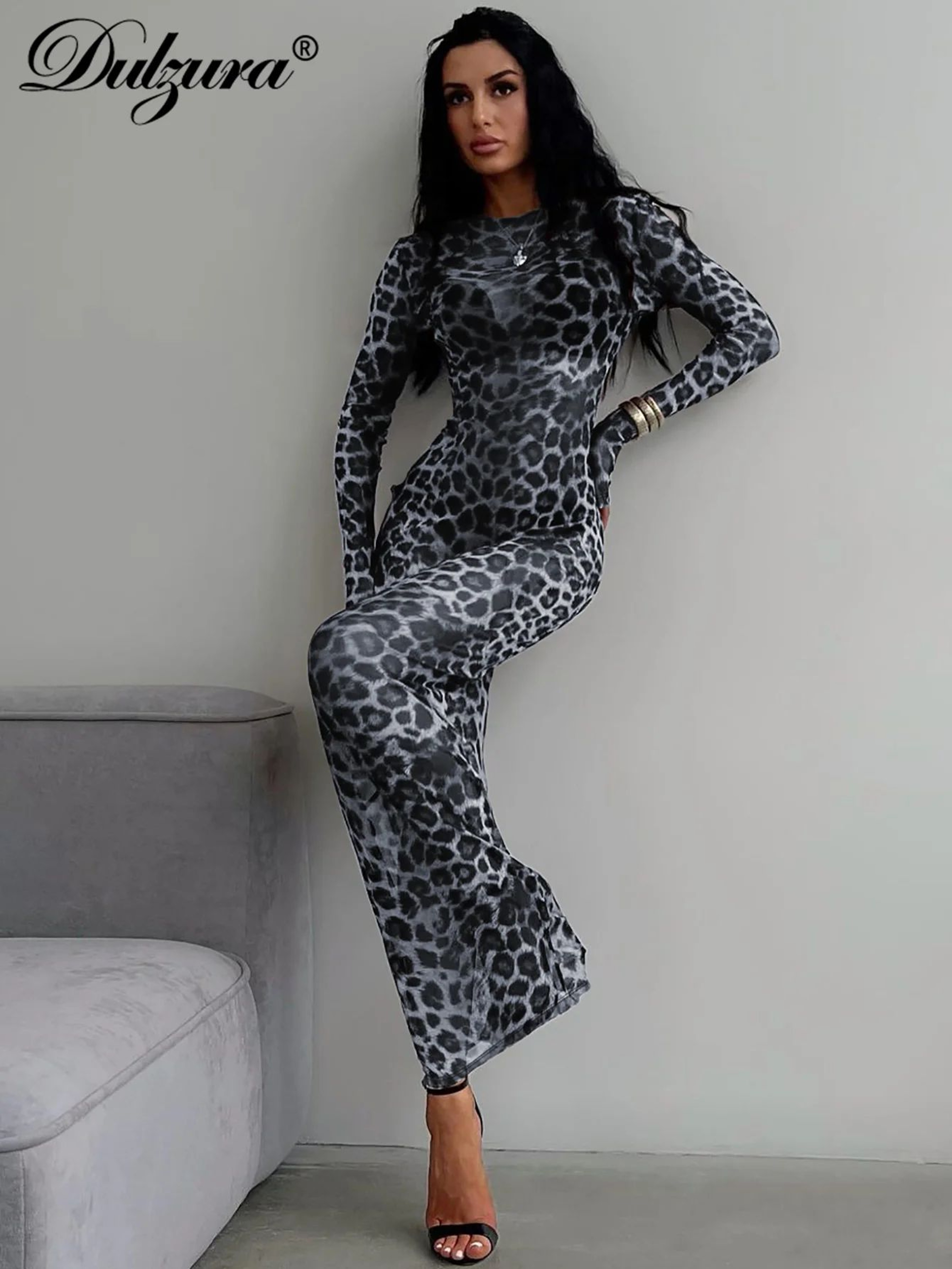Leopard Print Long Sleeve Maxi Dress  Elegant Y2K Bodycon Party Dress For Women 4