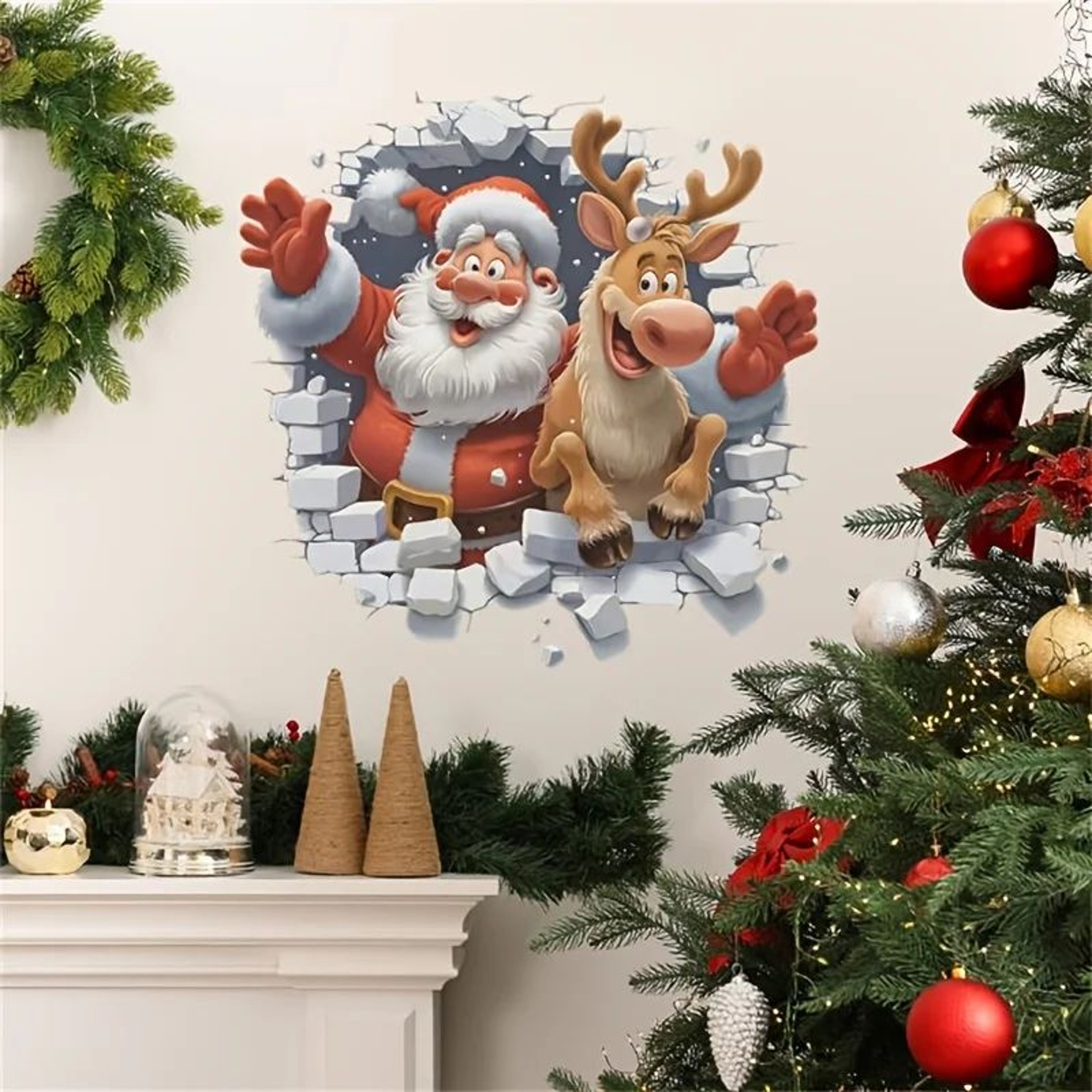Festive 3D Santa  Rudolf Christmas Wall Stickers  Removable SelfAdhesive Holiday Window  Wall Decal 0