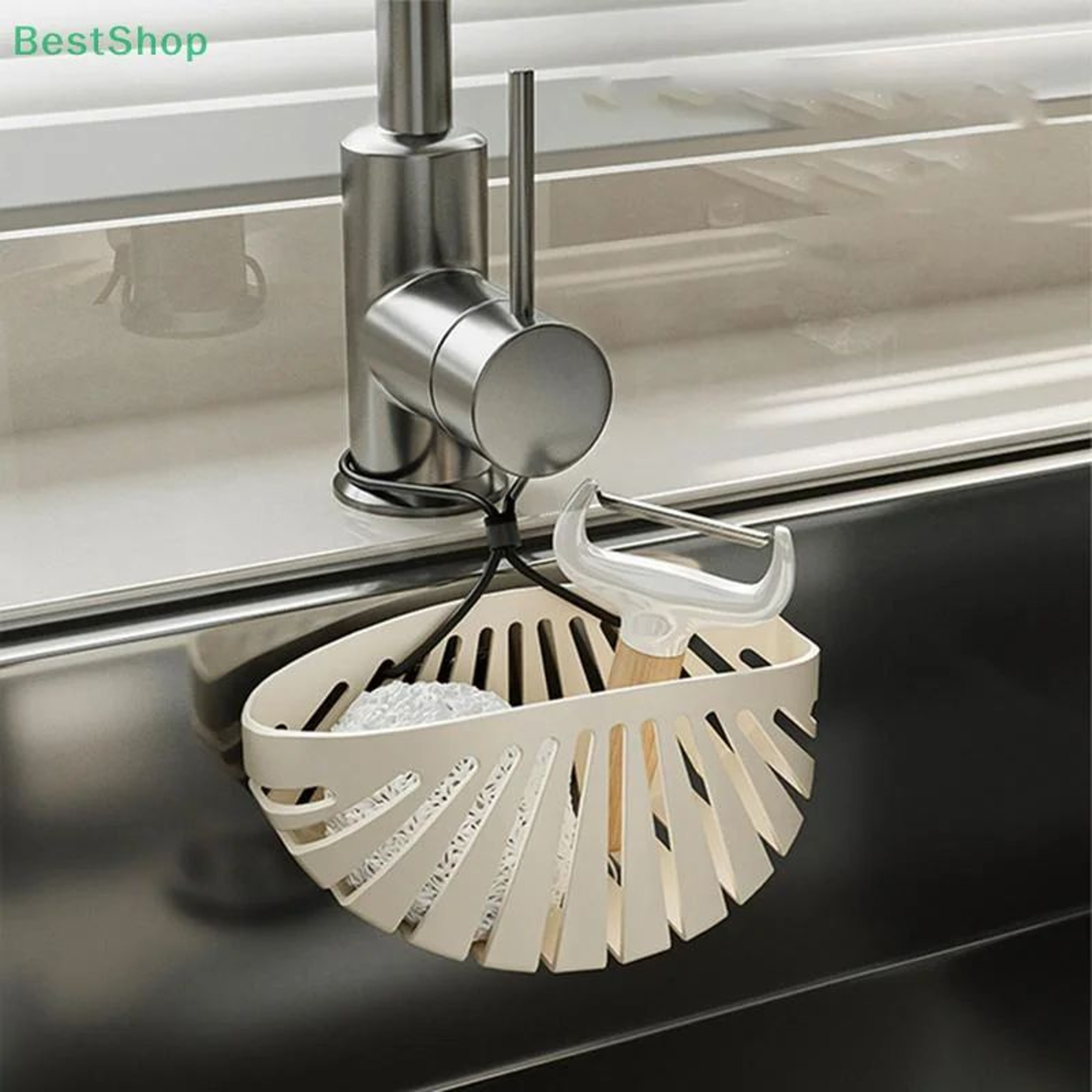 Cream Shell Sink Organizer  DrillFree Faucet Drain Rack Hanging Storage Basket 0