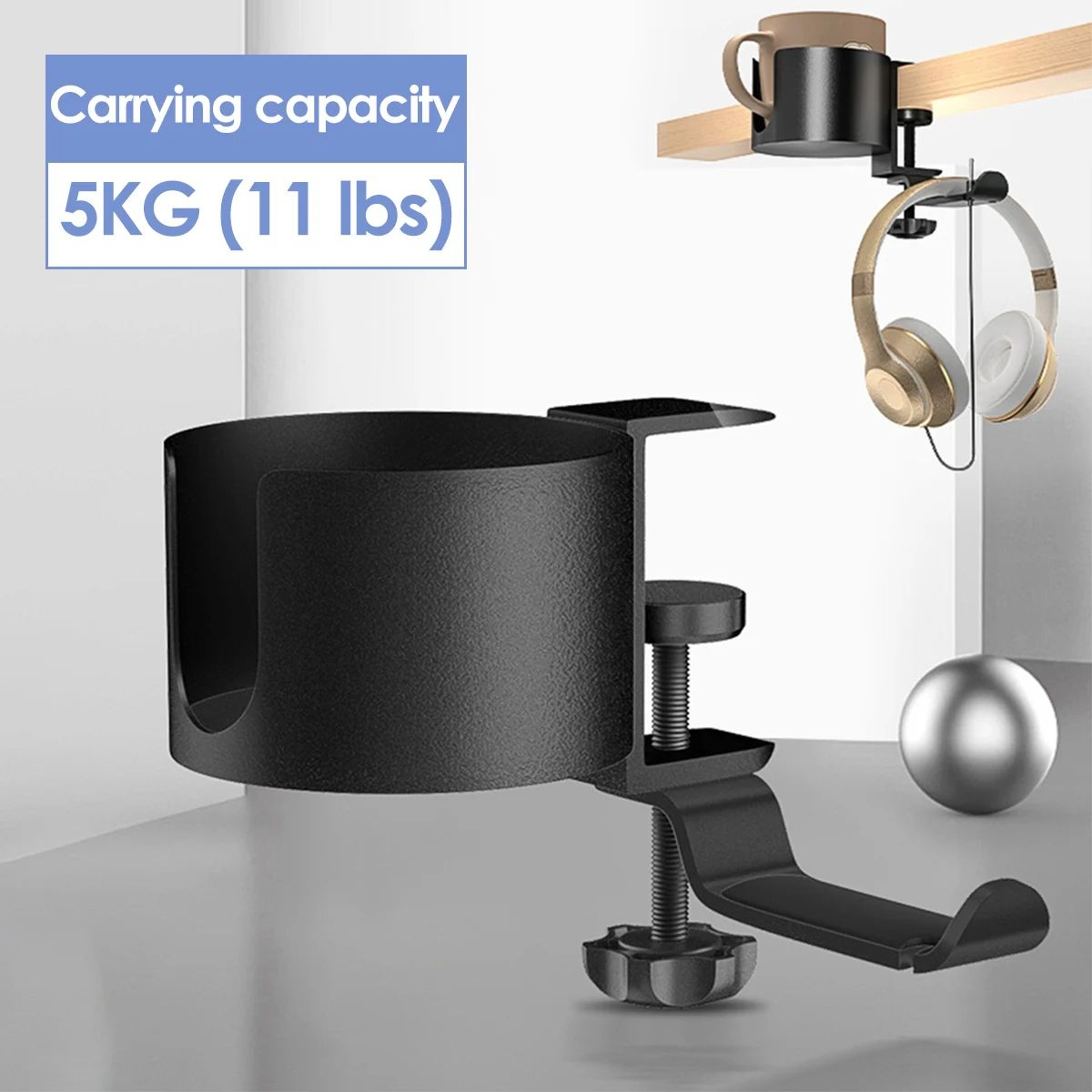 2in1 Desk Cup Holder With Headphone Hanger  360 Rotating ClampOn Organizer 2