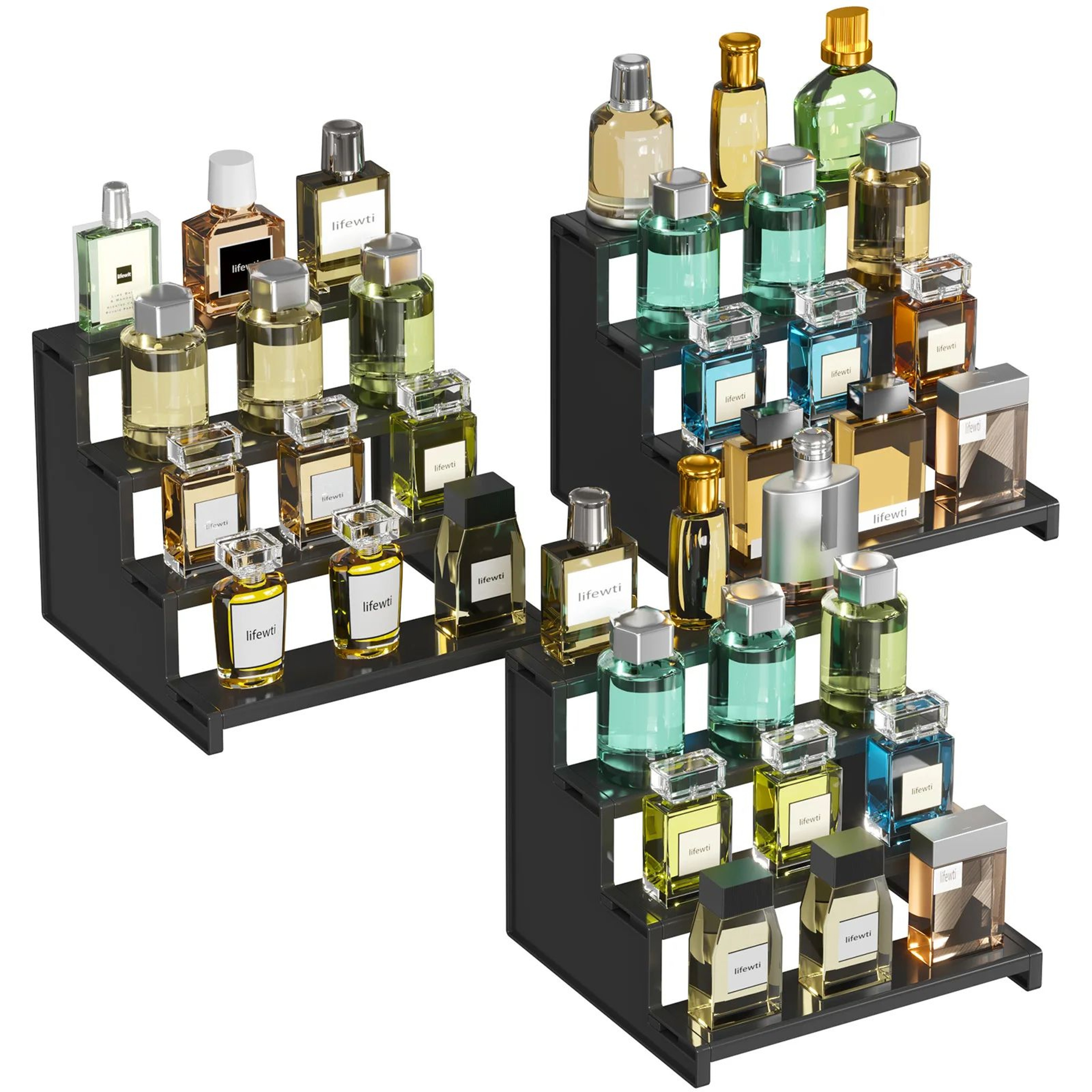 Tiered Dark Wood Perfume Organizer Stand  3Step Cologne Display Stand For Vanity  Skincare Storage 11