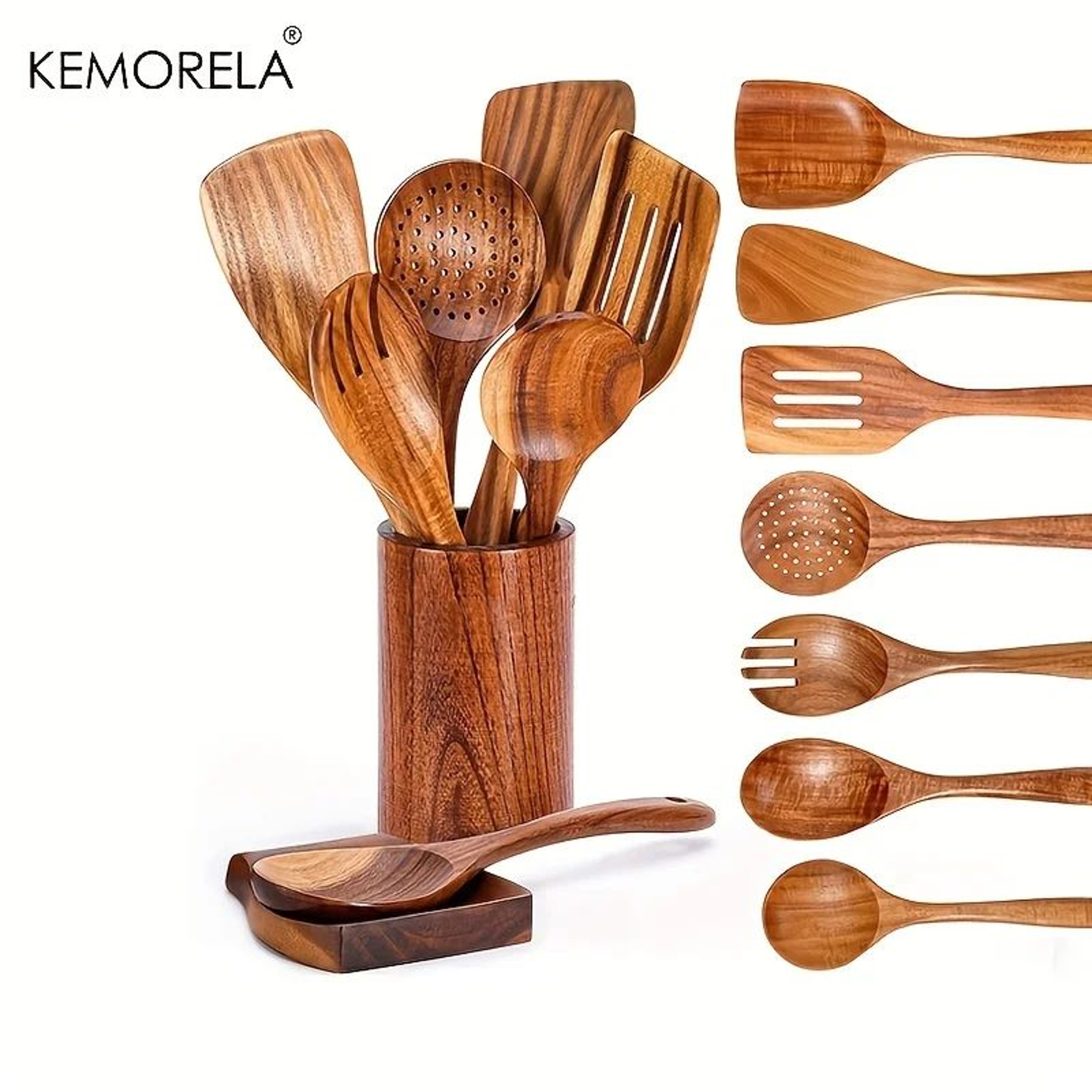 Premium Teak Wooden Kitchen Utensils Set With Holder  9Piece Wooden Cooking Spoon Set 0