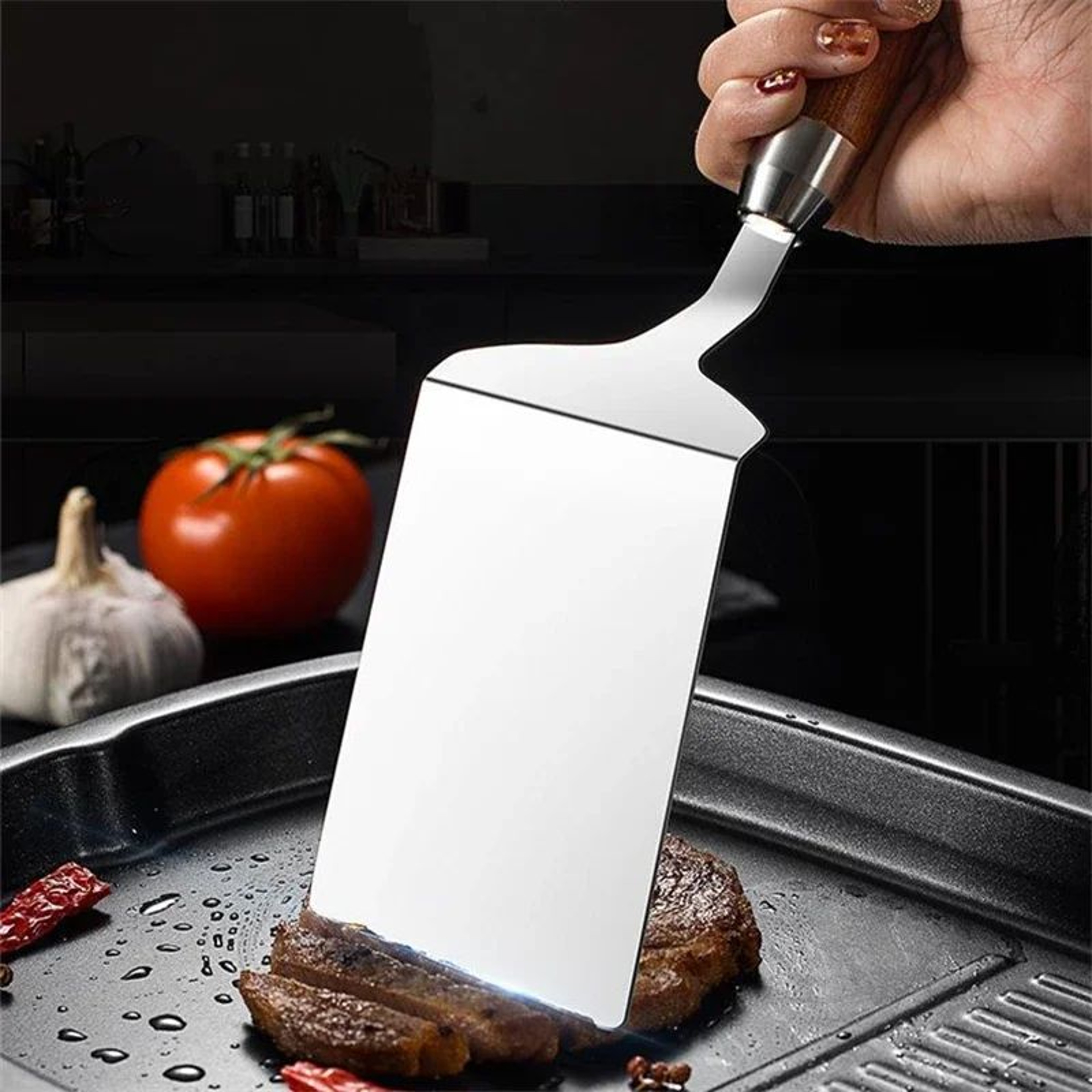 HeavyDuty Stainless Steel Spatula With Wood Handle  Professional Metal Turner For Grill Steak  Pizz 3