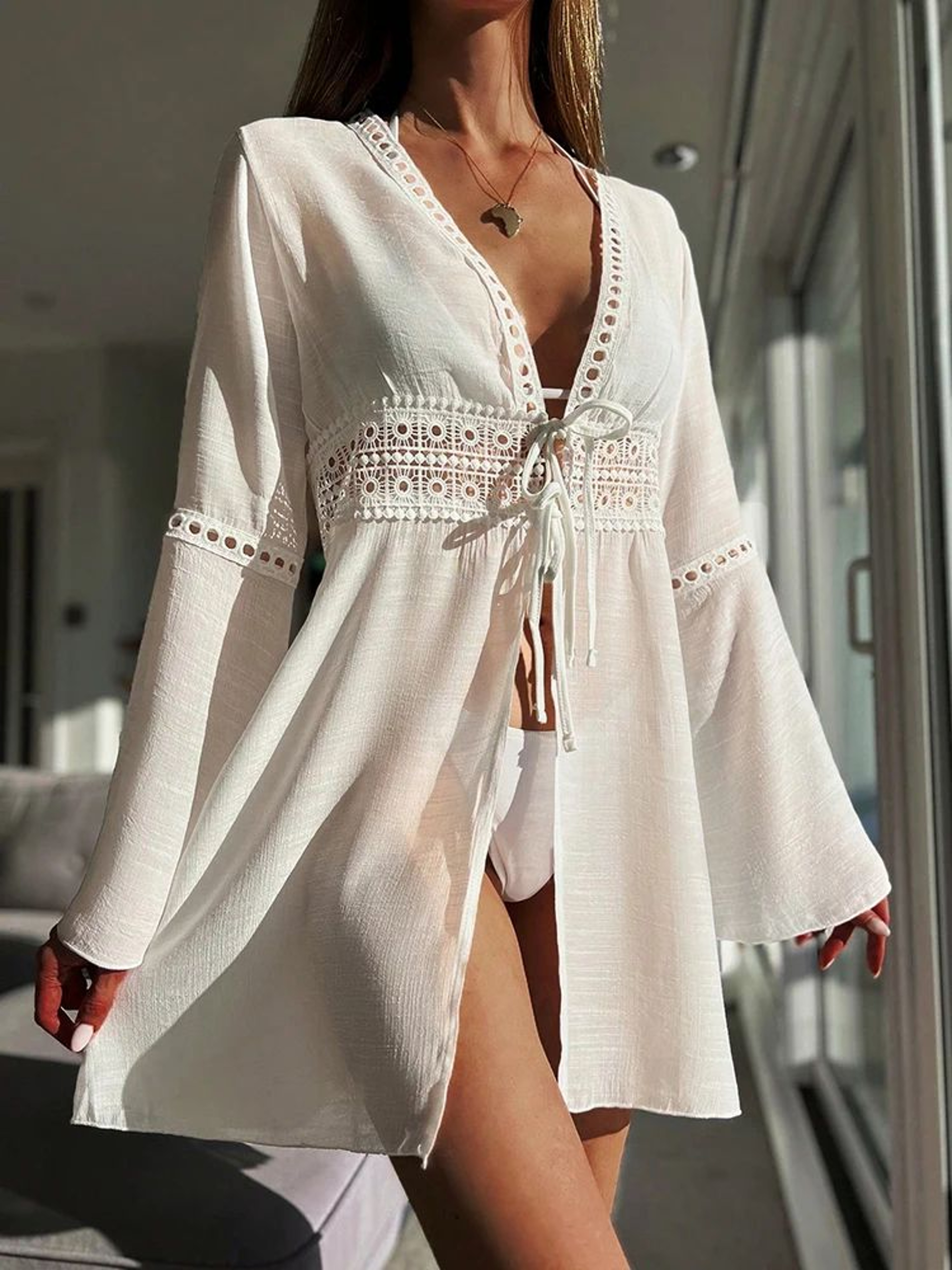 White Lace Beach Cover Up Dress  Long Sleeve VNeck Knitted Swimsuit Cover Up 6