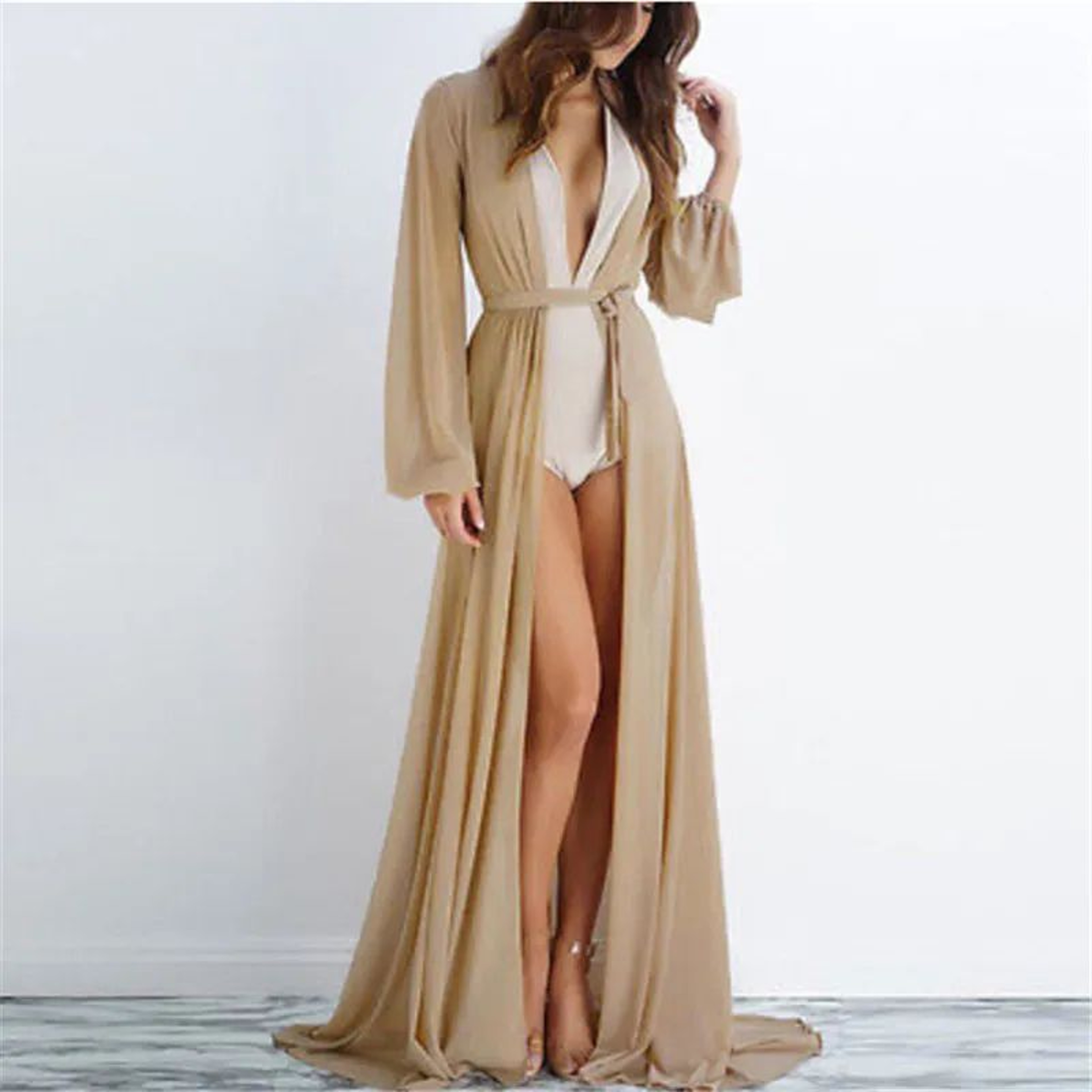 Sheer Chiffon Beach Cover Up Robe With Belt  Long Kimono Cardigan For Swim  Resort 8