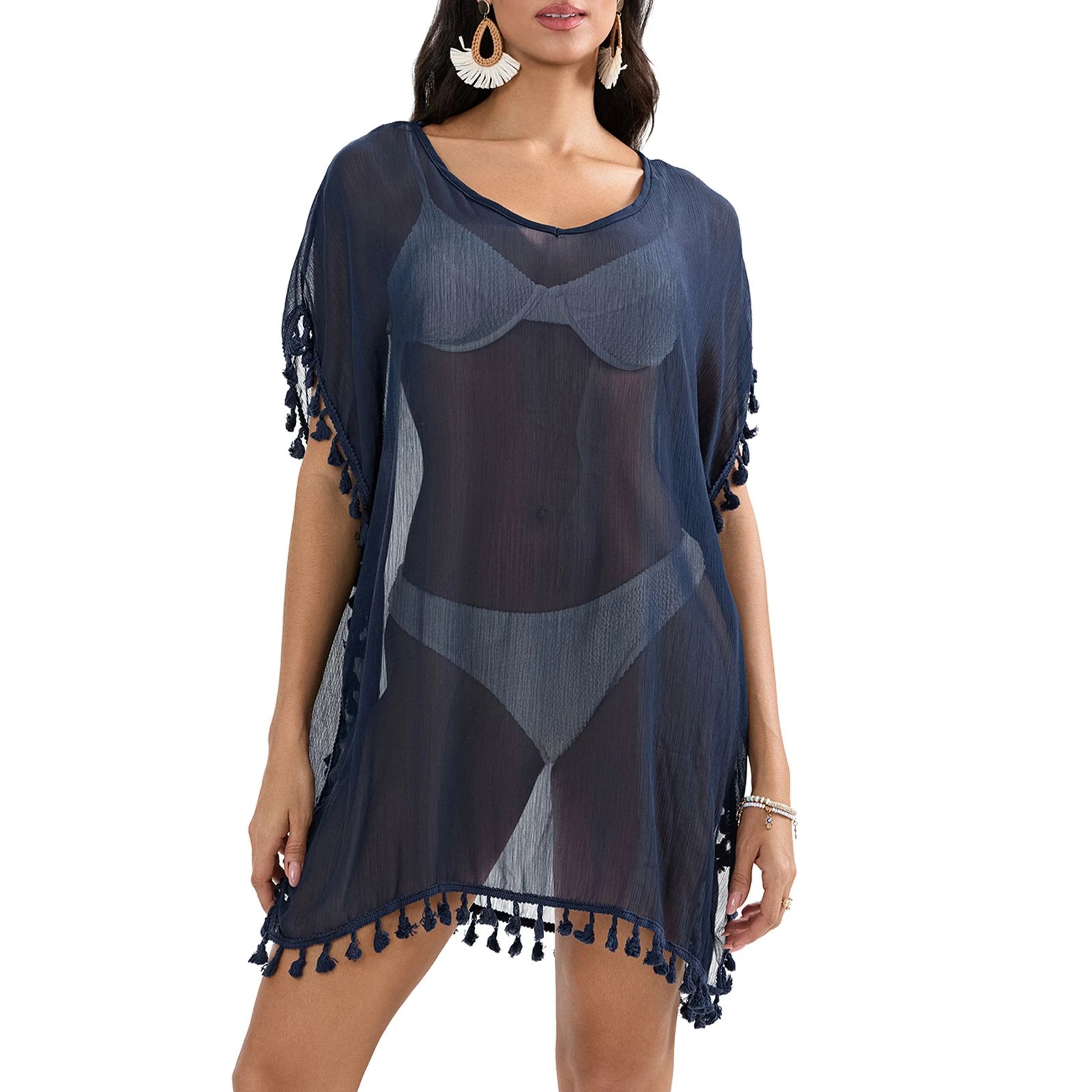 Coastal Breeze Tassel Trim Beach Cover Up Dress  Sheer Mini Swimsuit Cover Up For Women 0