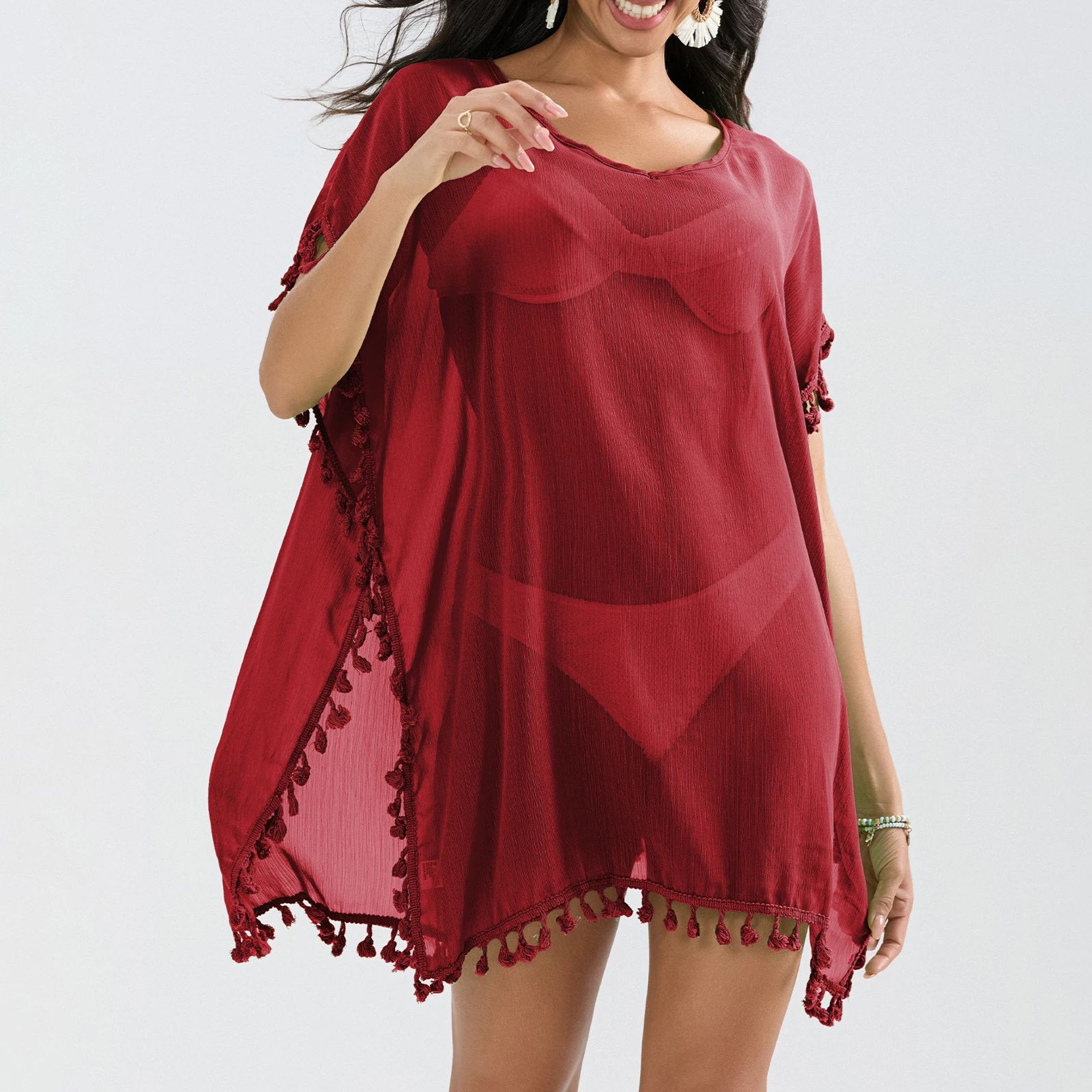 Coastal Breeze Tassel Trim Beach Cover Up Dress  Sheer Mini Swimsuit Cover Up For Women 1