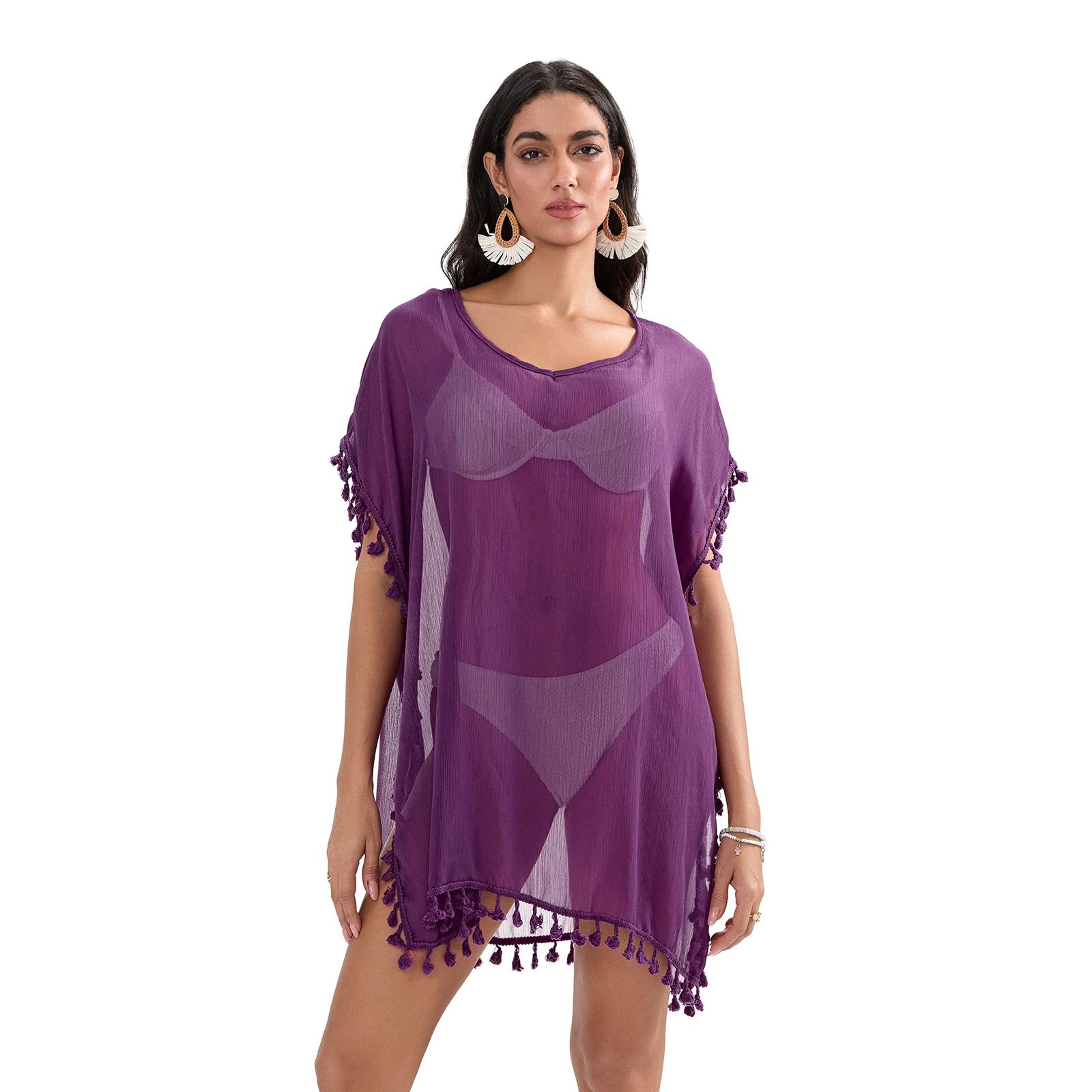 Coastal Breeze Tassel Trim Beach Cover Up Dress  Sheer Mini Swimsuit Cover Up For Women 2