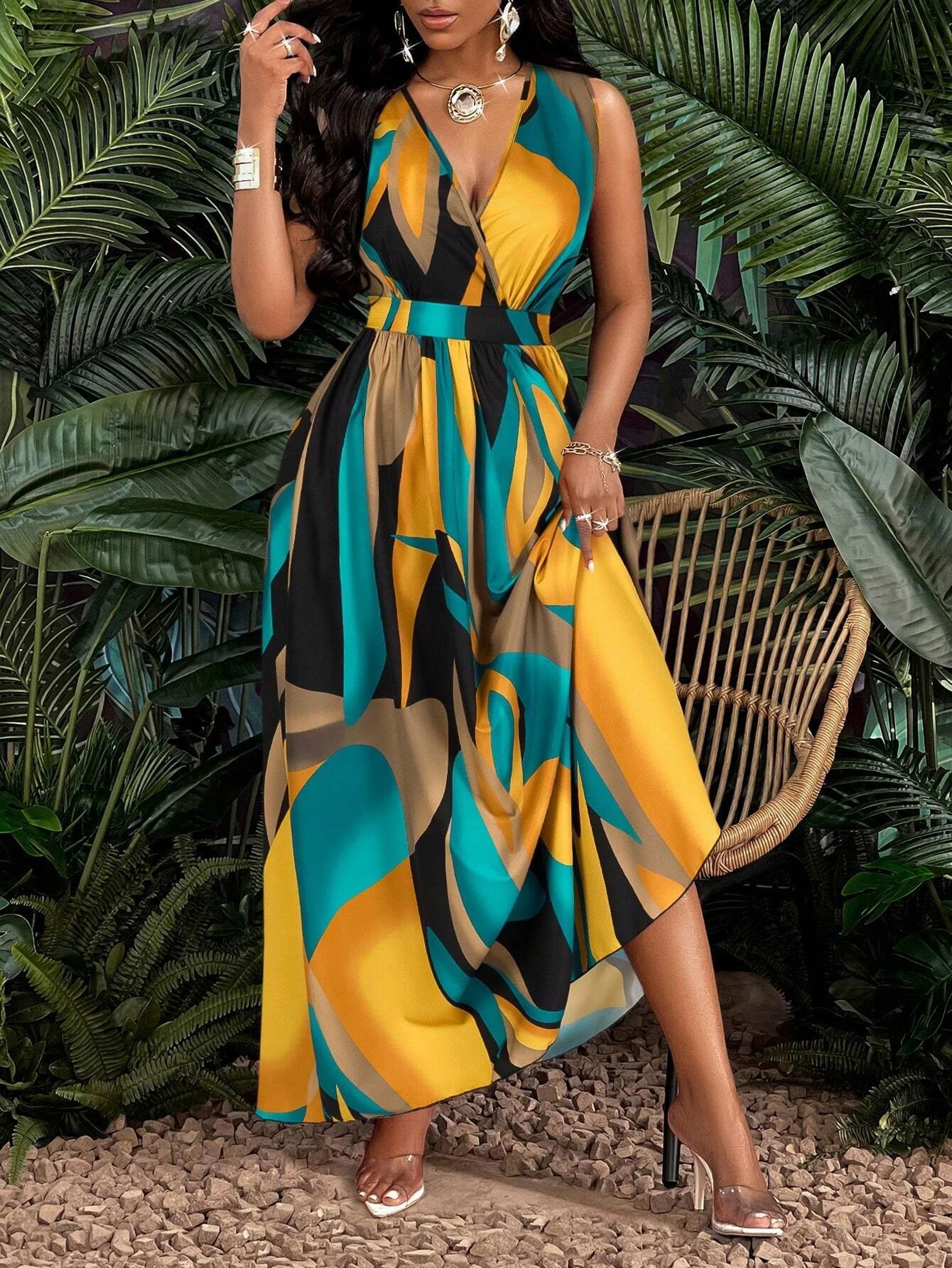 Tropical Print VNeck Fit And Flare Maxi Dress For Women 2