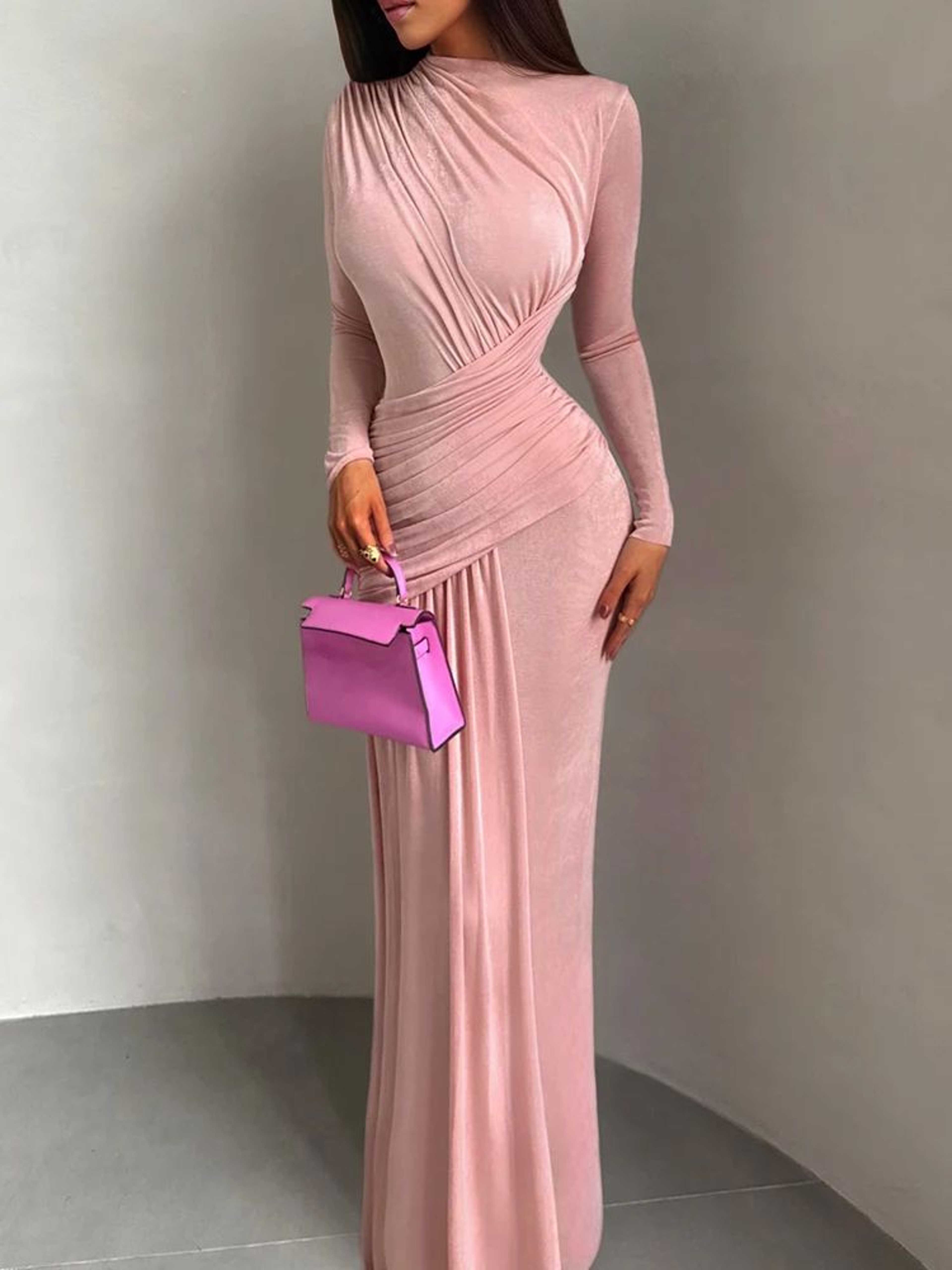 Elegant Pleated Waist Maxi Dress For Women  Long Sleeve Autumn Evening  Vacation Gown 2