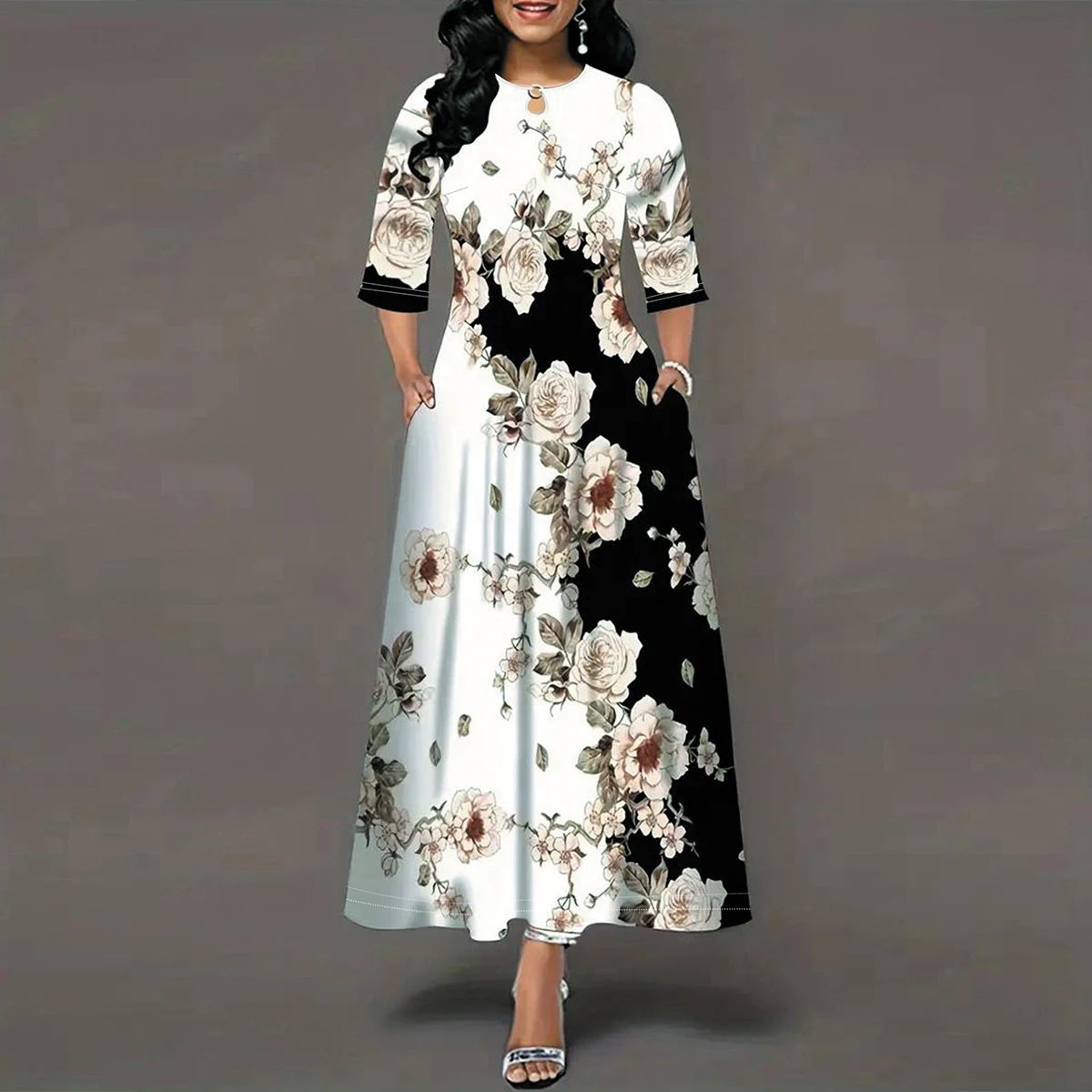 FlowEase Plus Size Printed Maxi Dress With Pockets 2