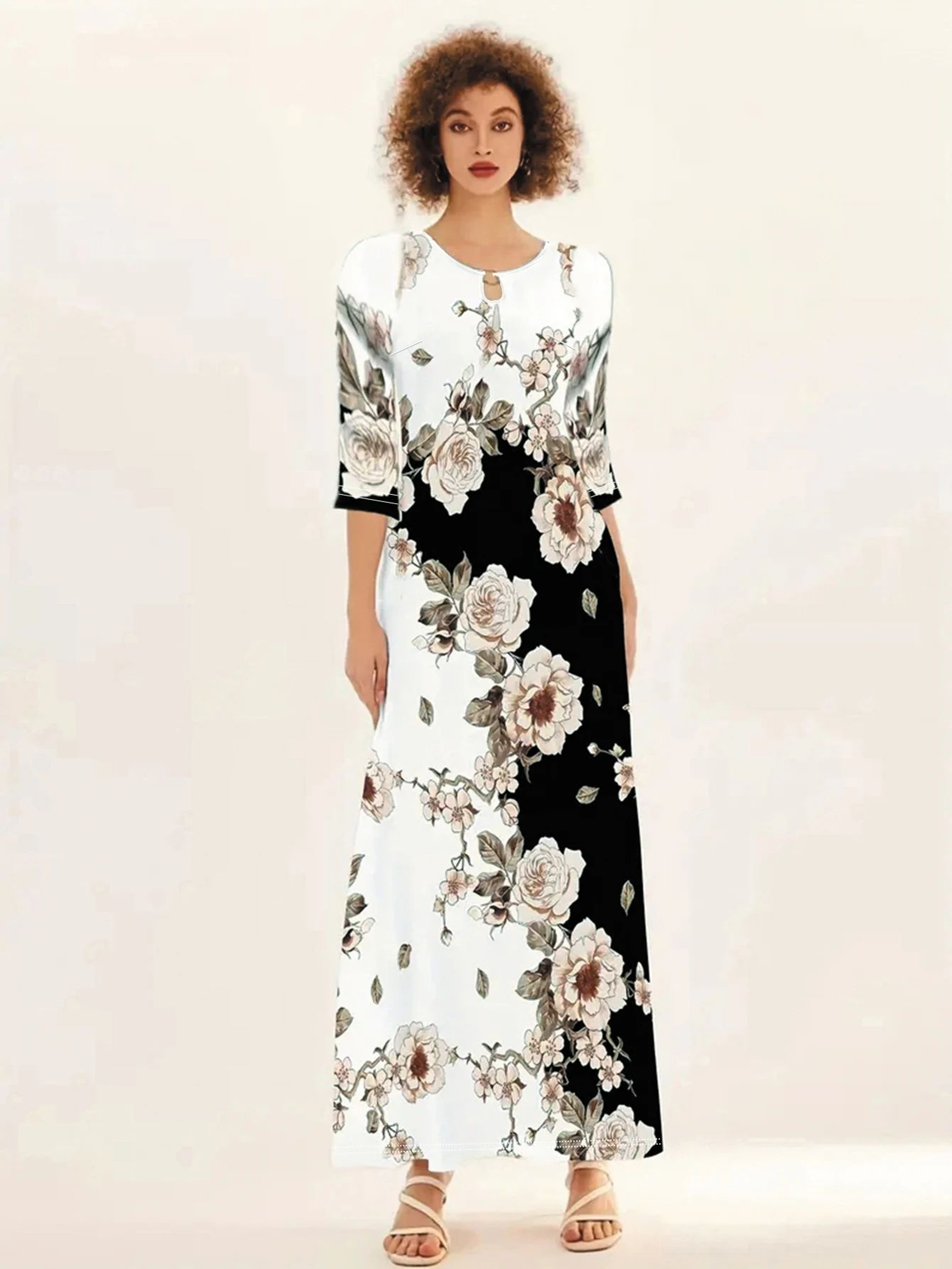FlowEase Plus Size Printed Maxi Dress With Pockets 3