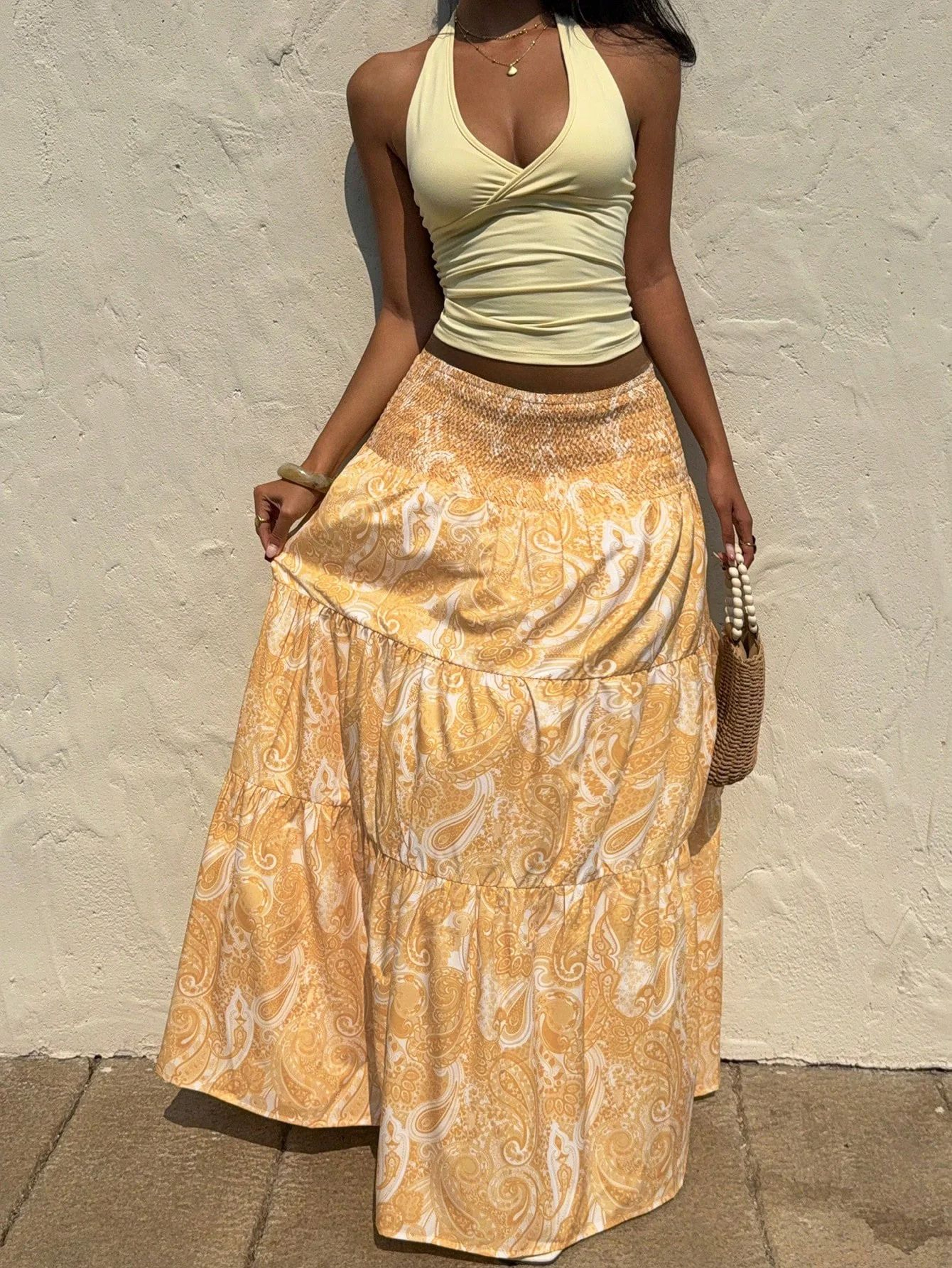 Vacation Breeze Beach Maxi Skirt With Stretchy Elastic Waist  Long Flowy Summer Vacation Skirt 3