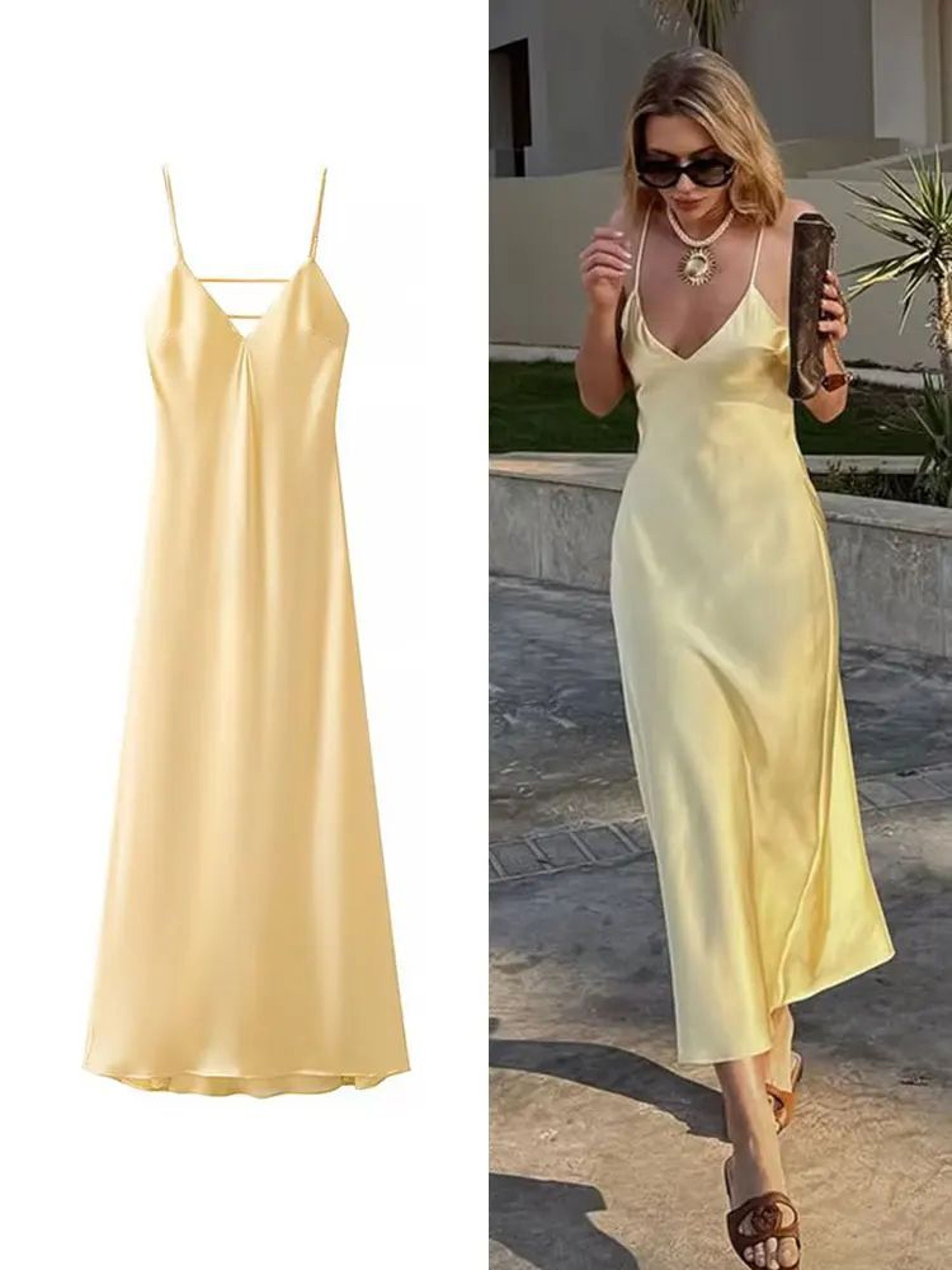 Sunlit Grace Yellow Satin VNeck Maxi Dress  Elegant Sleeveless Summer Party Dress 0