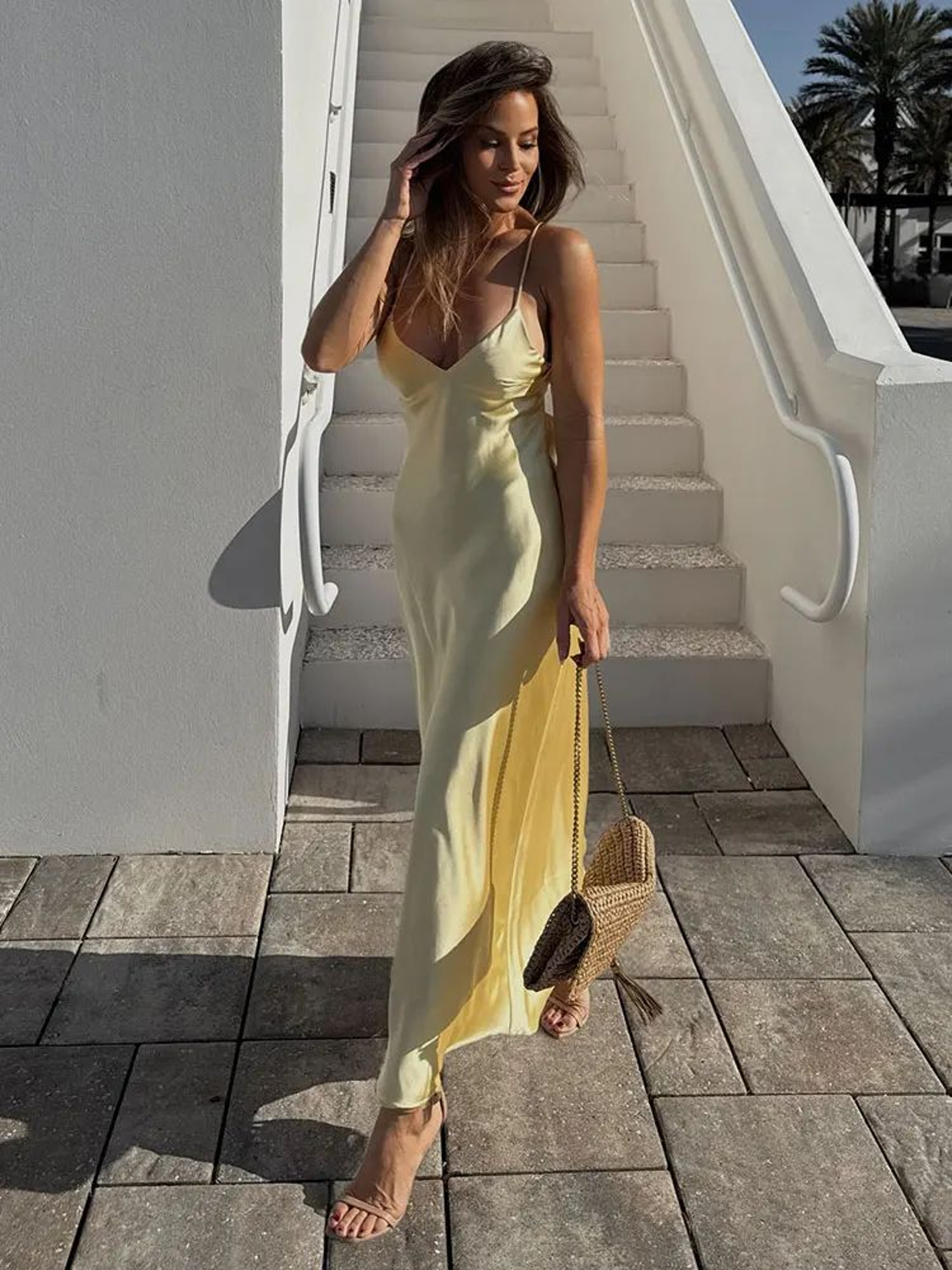Sunlit Grace Yellow Satin VNeck Maxi Dress  Elegant Sleeveless Summer Party Dress 2