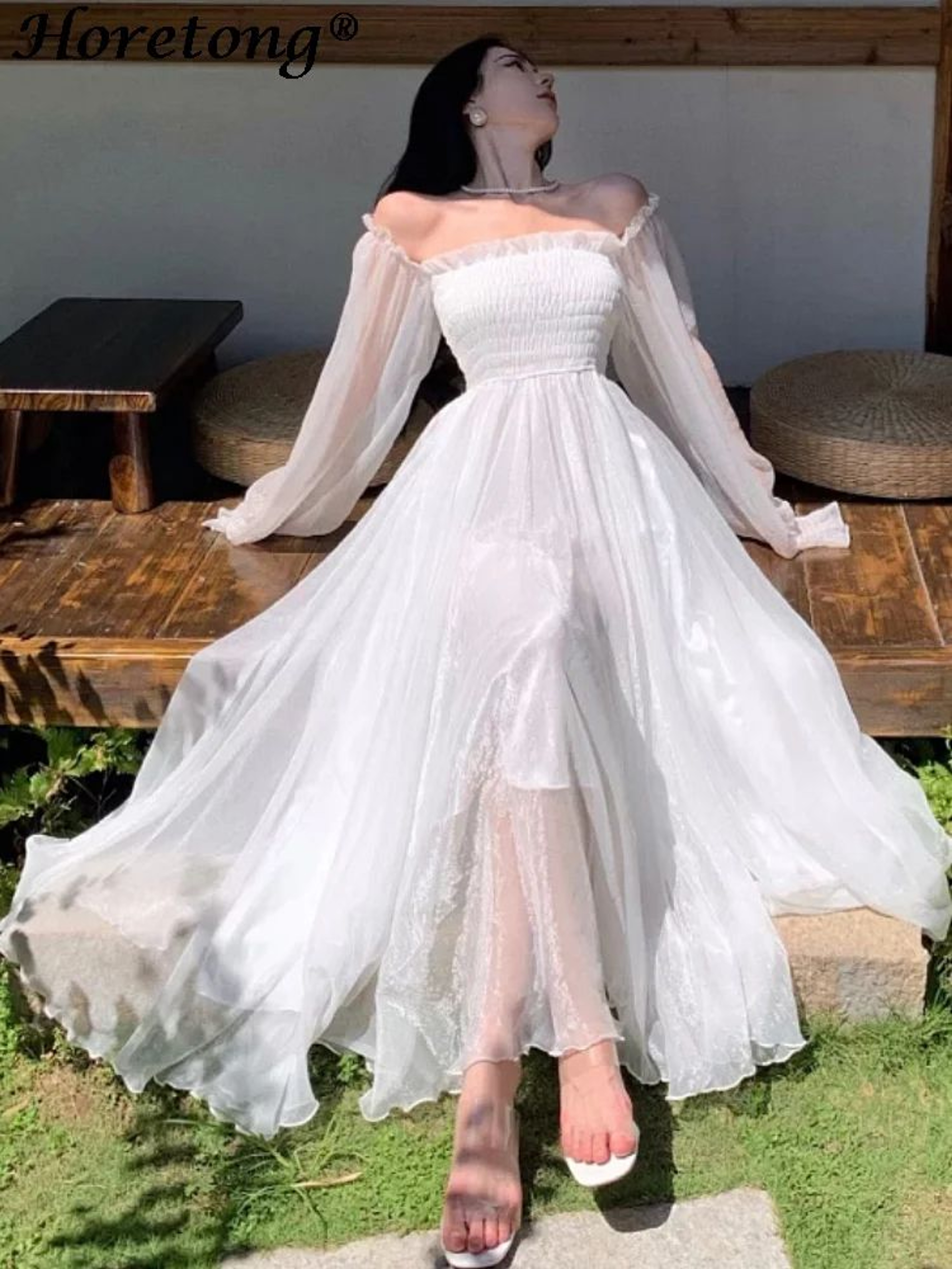 Elegant White OffShoulder Maxi Party Gown  Flowy Ruffle Holiday Dress 2