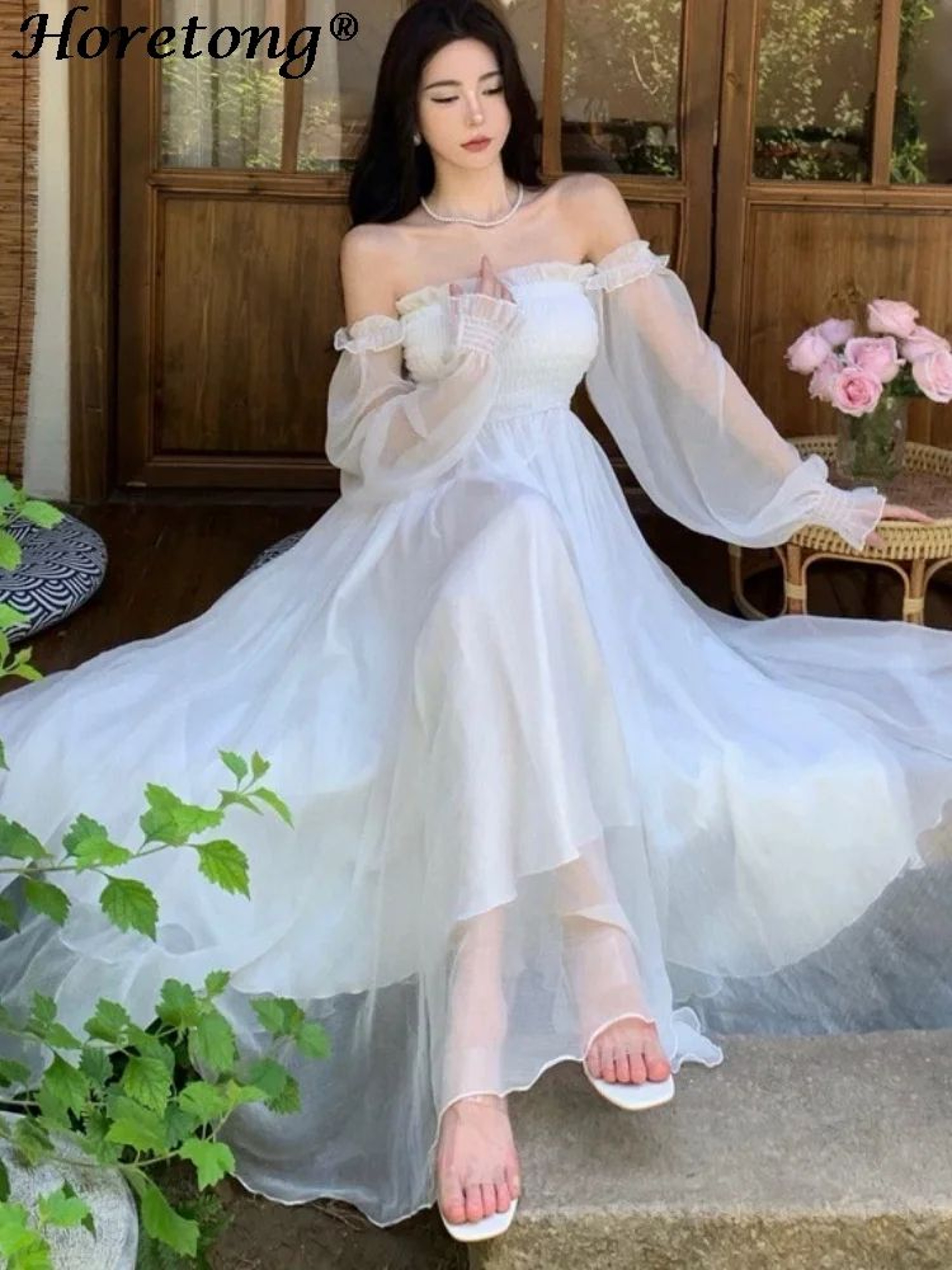 Elegant White OffShoulder Maxi Party Gown  Flowy Ruffle Holiday Dress 5