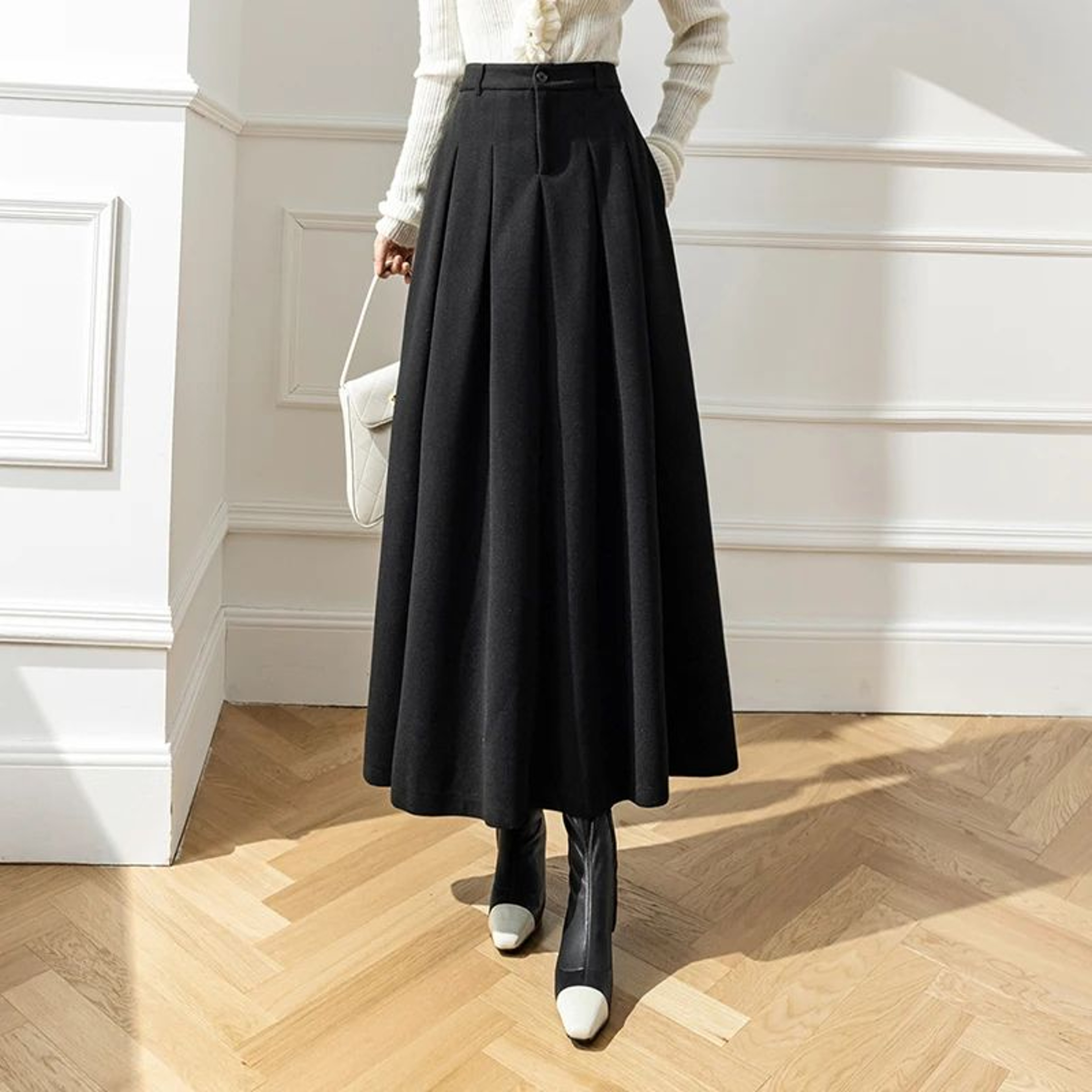 Elegant ALine Woolen Maxi Skirt  High Waist Pleated Long Winter Skirt For Women 1