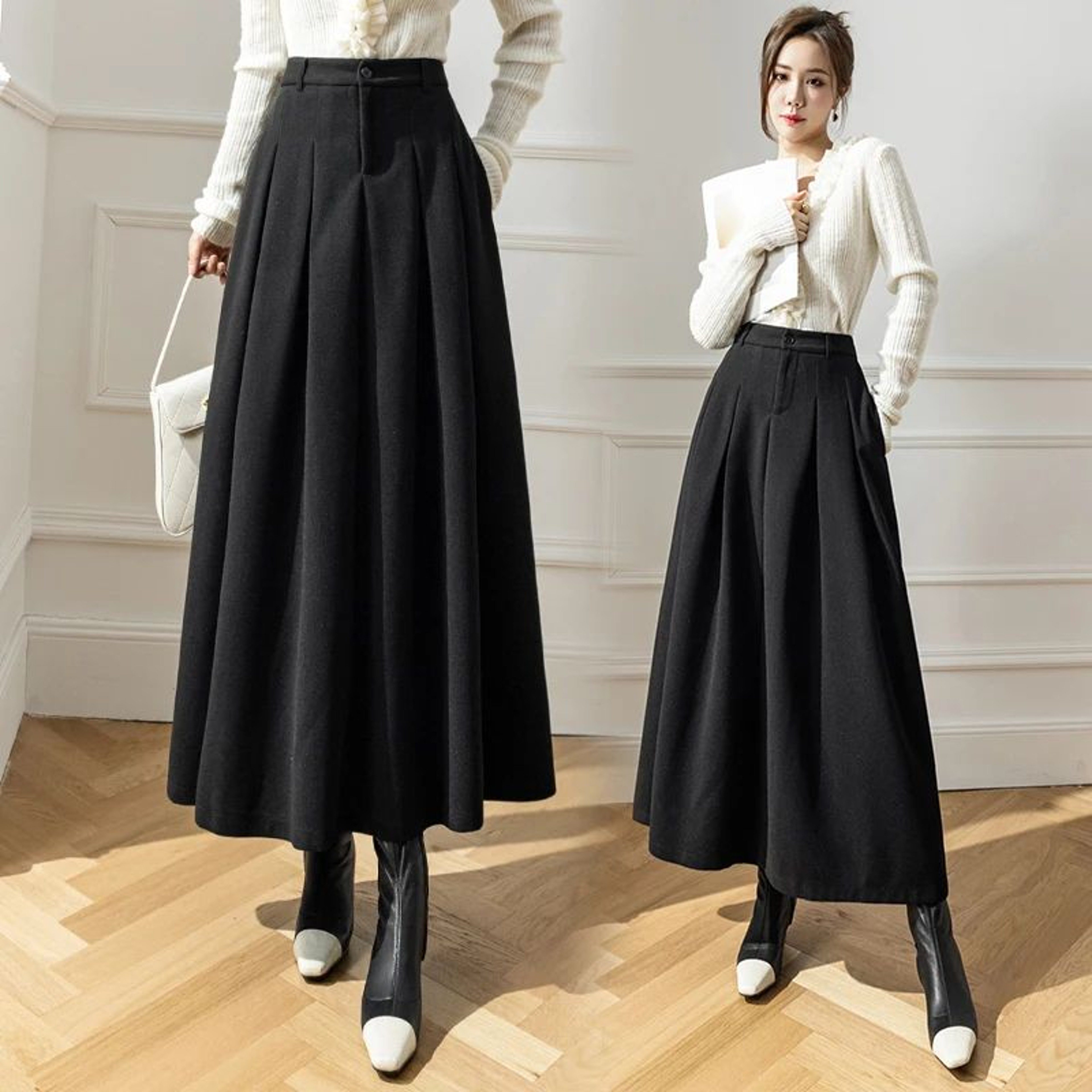 Elegant ALine Woolen Maxi Skirt  High Waist Pleated Long Winter Skirt For Women 2