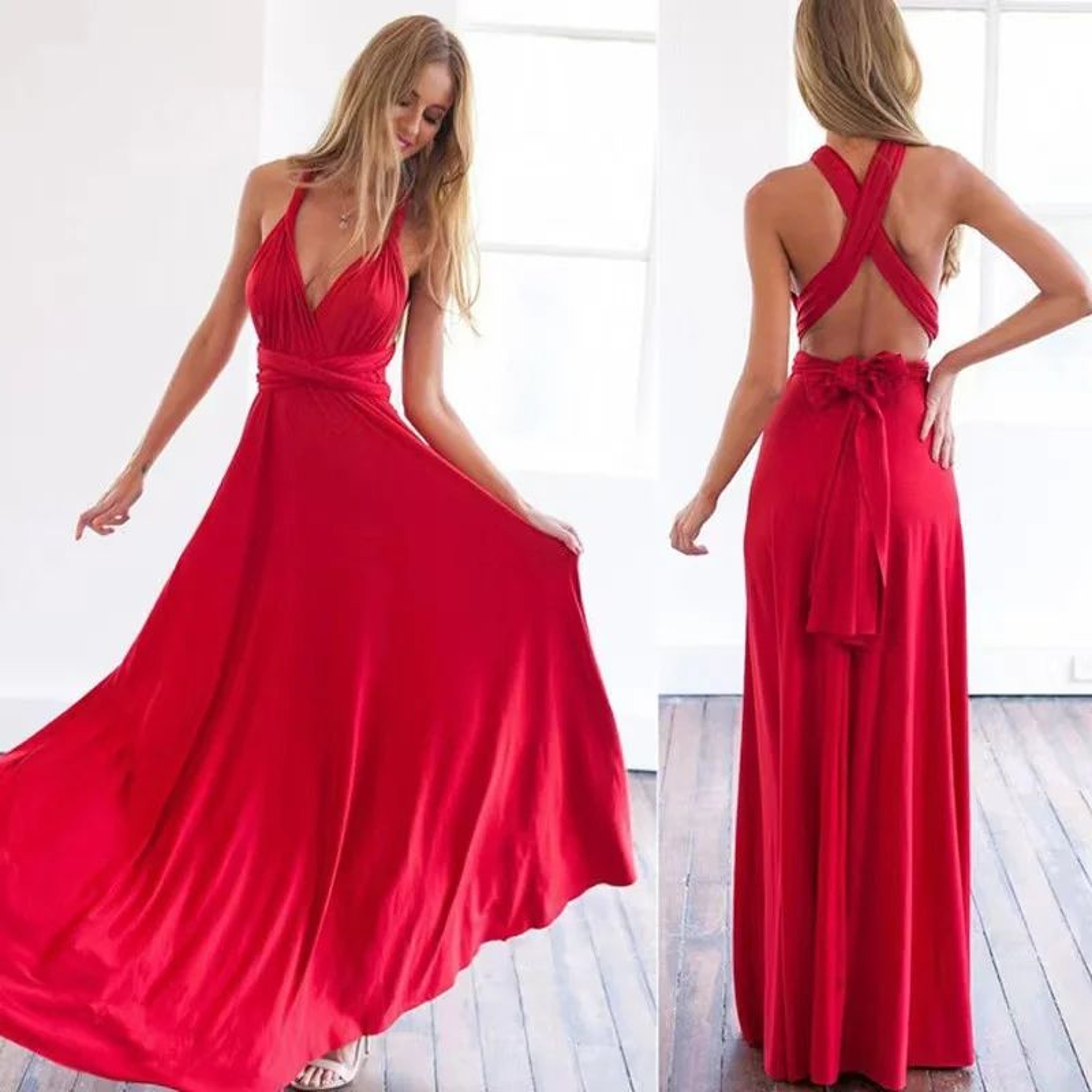 Multiway Wrap Convertible Maxi Dress  Infinity Bridesmaid Style In Red 0