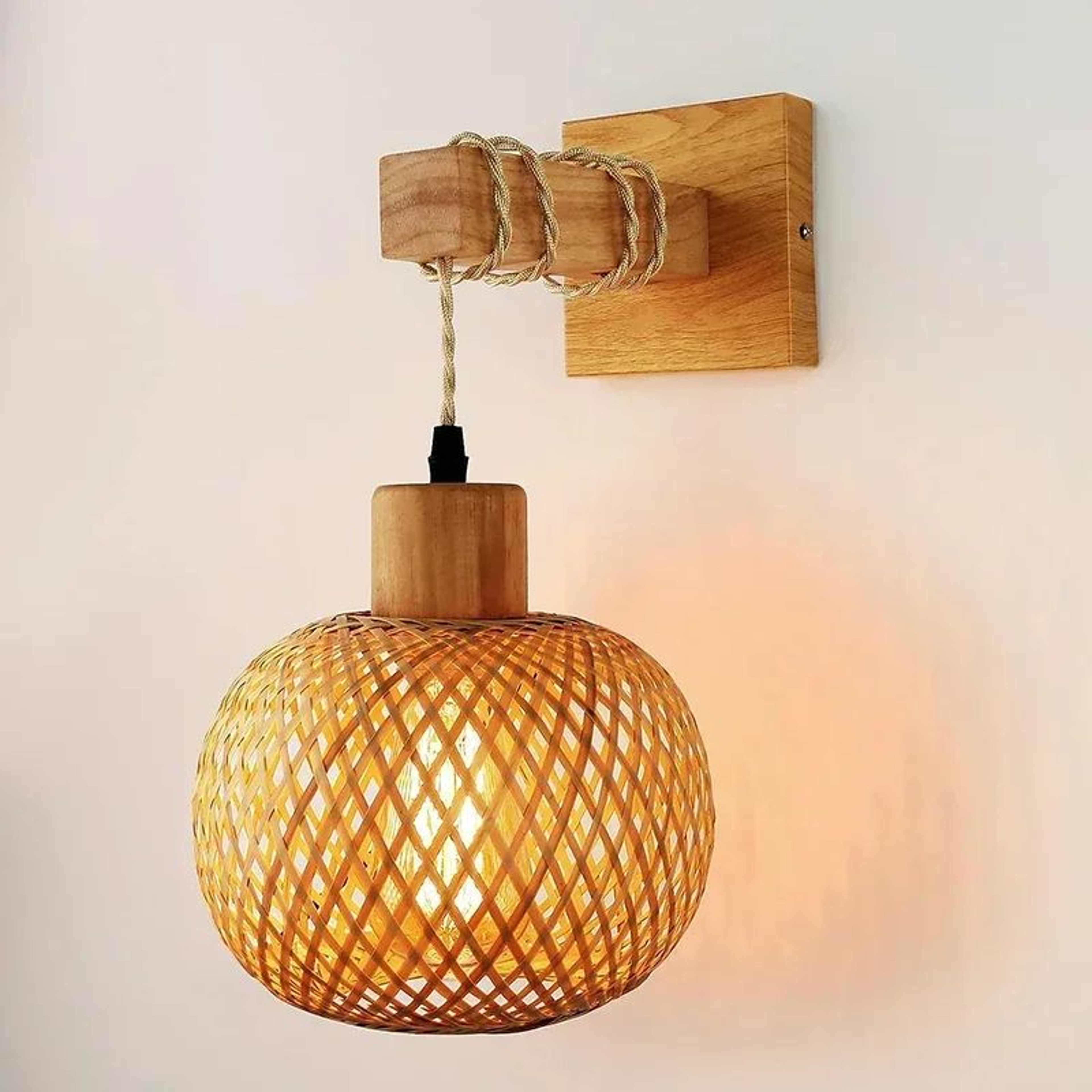 Natural Handwoven Bamboo Lantern Wall Sconce Rattan Wicker E27 Wall Light Fixture For Warm Boho Amb 0