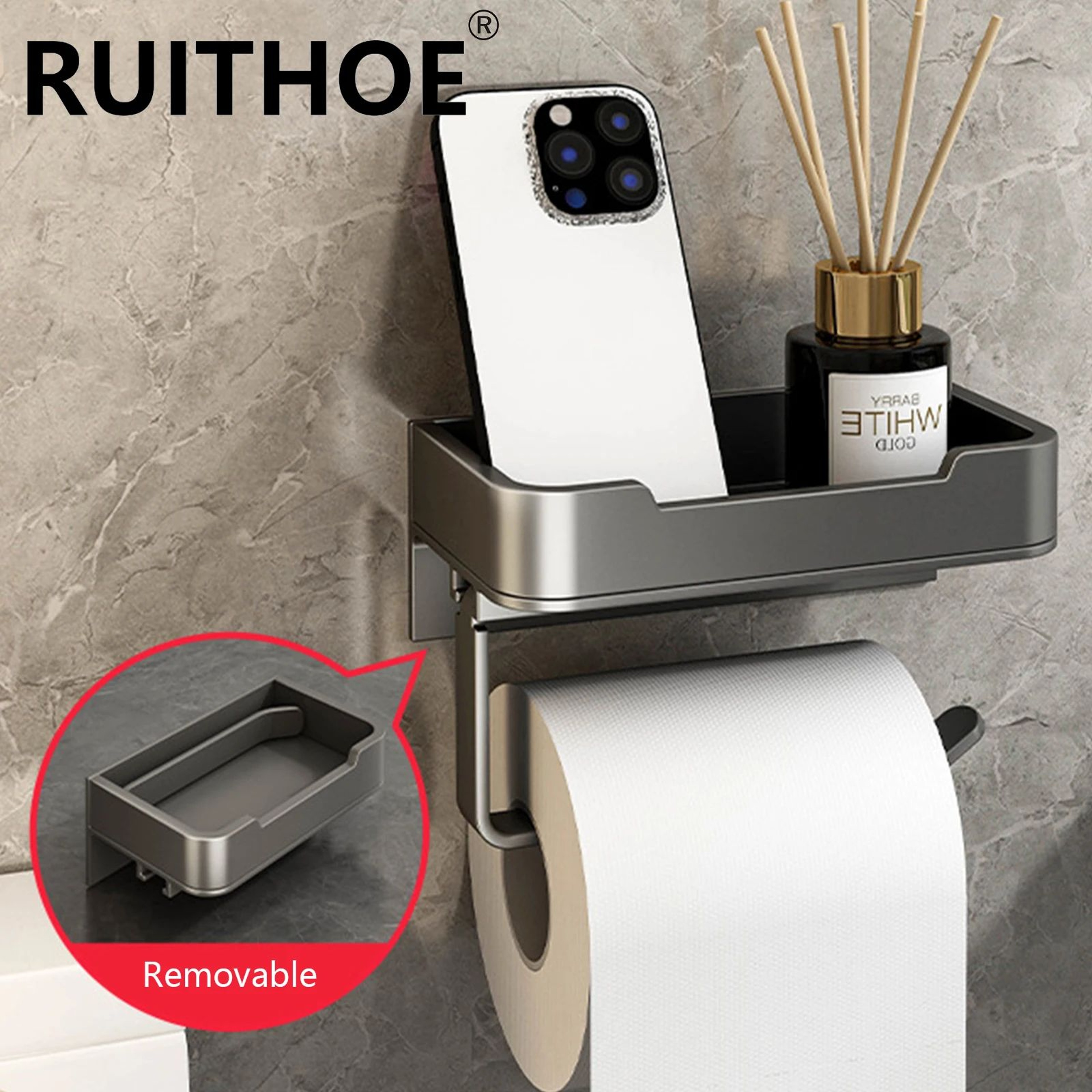 Matte Black Wall Mounted Toilet Paper Holder With Storage Shelf 2