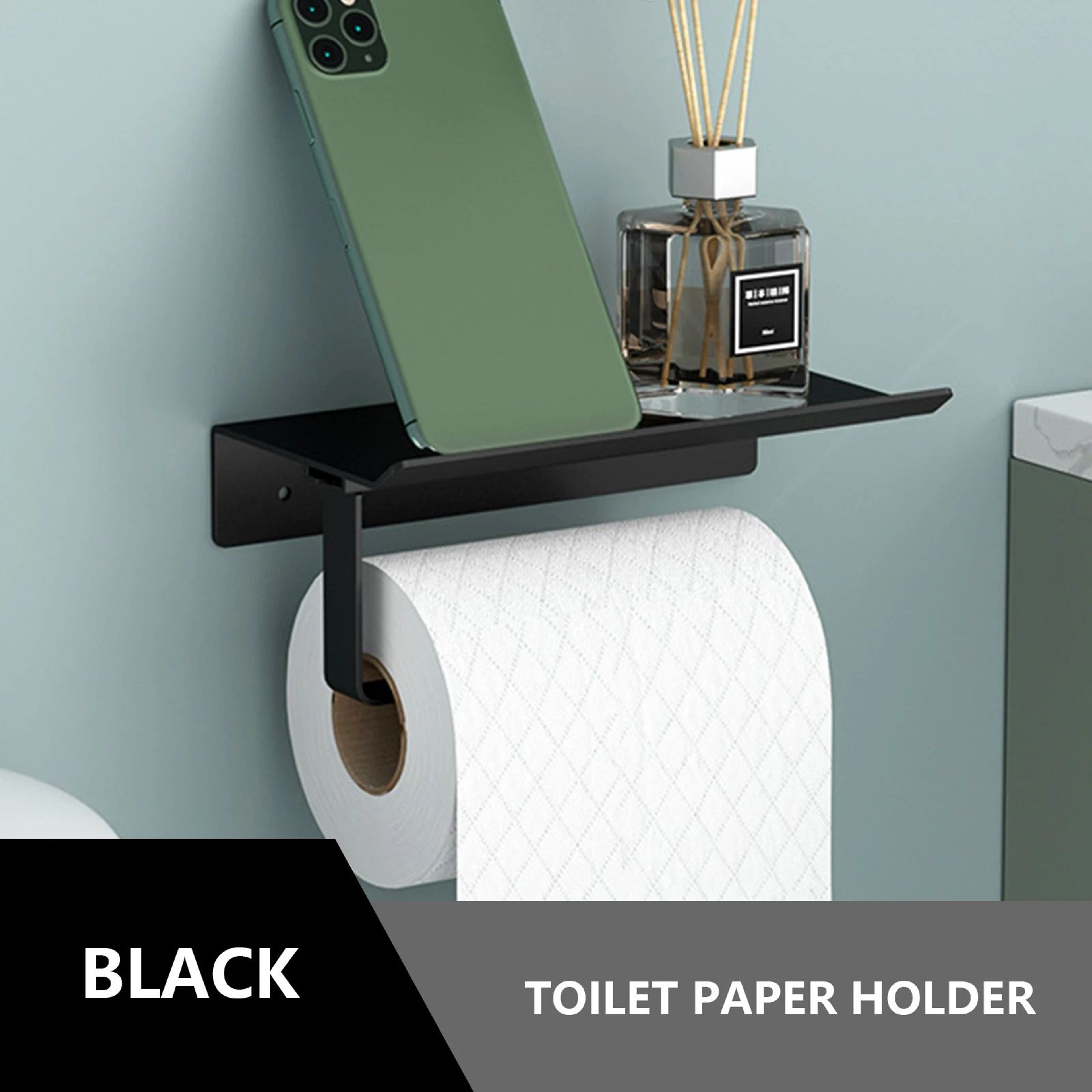 Matte Black Wall Mounted Toilet Paper Holder With Storage Shelf 6