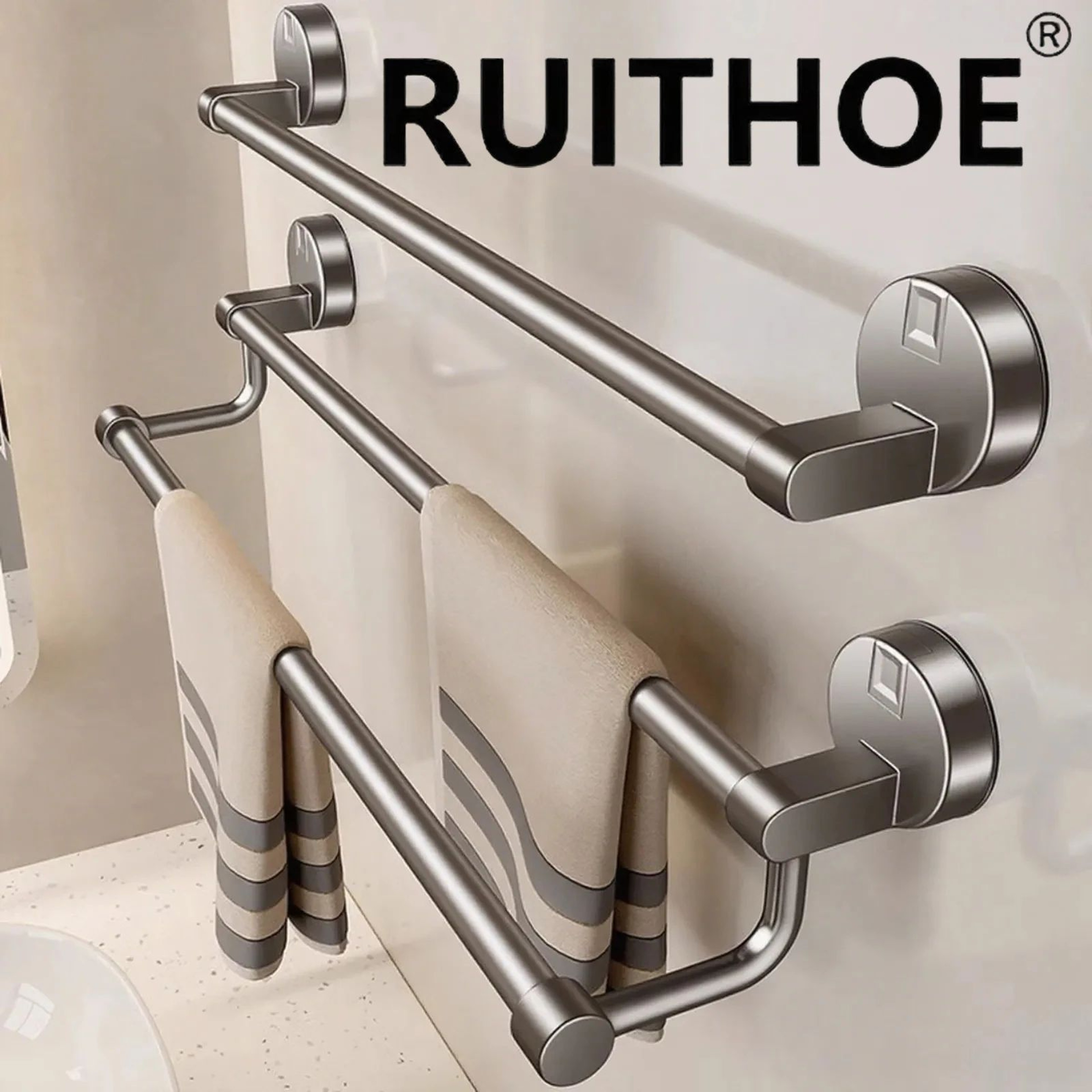 Suction Cup Towel Rack Wall Mount  No Drill Double Bar Bathroom Organizer 304050cm 0