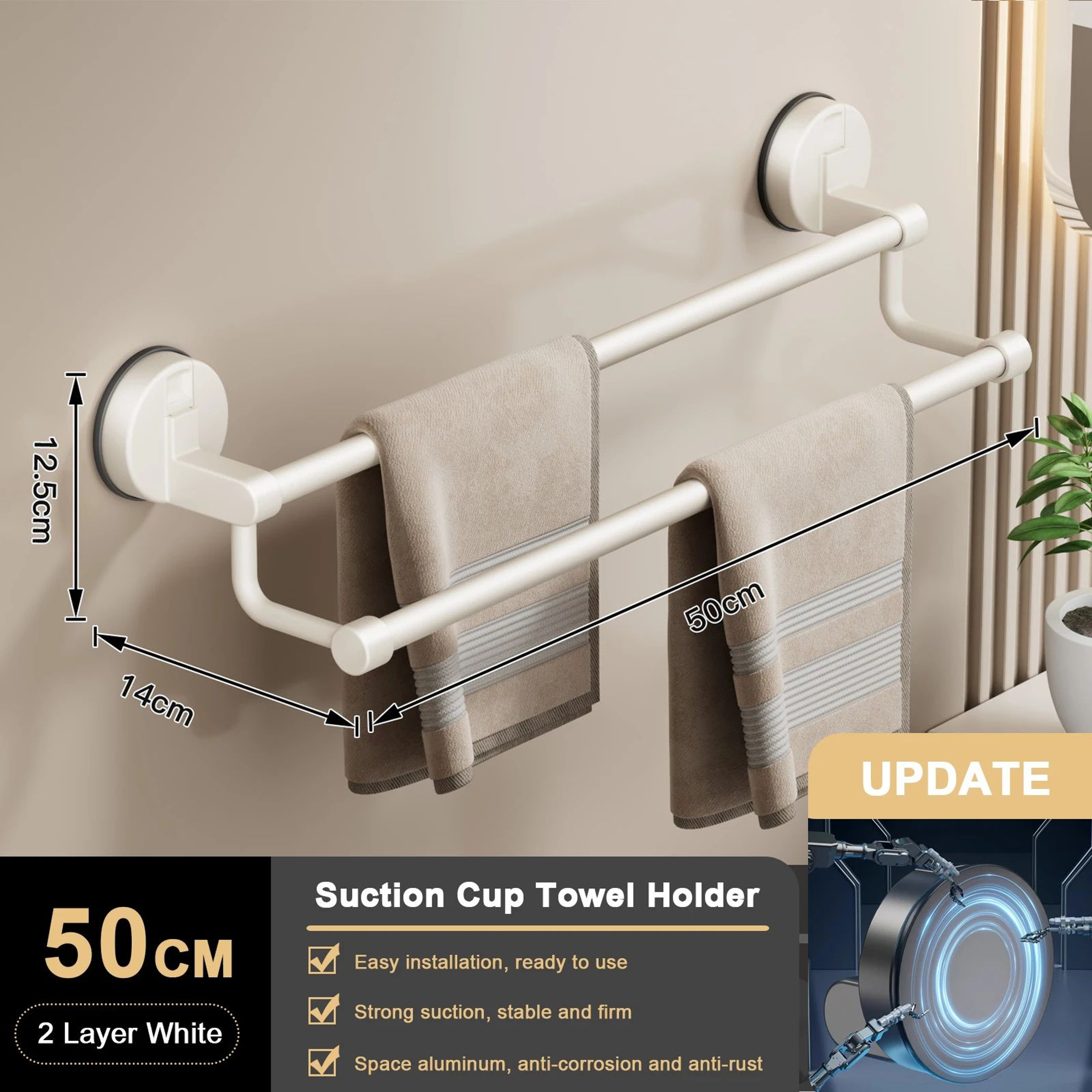 Suction Cup Towel Rack Wall Mount  No Drill Double Bar Bathroom Organizer 304050cm 17