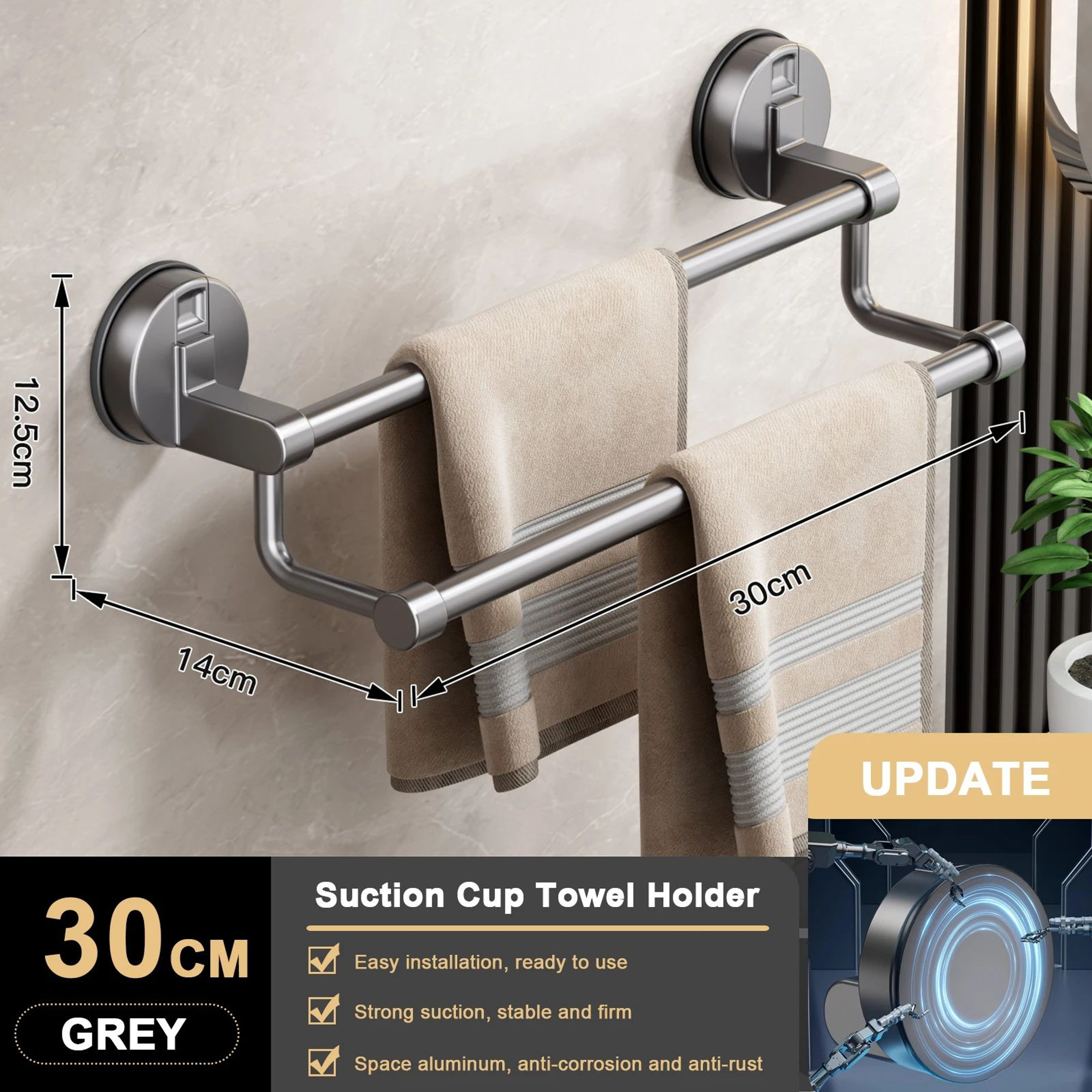 Suction Cup Towel Rack Wall Mount  No Drill Double Bar Bathroom Organizer 304050cm 7
