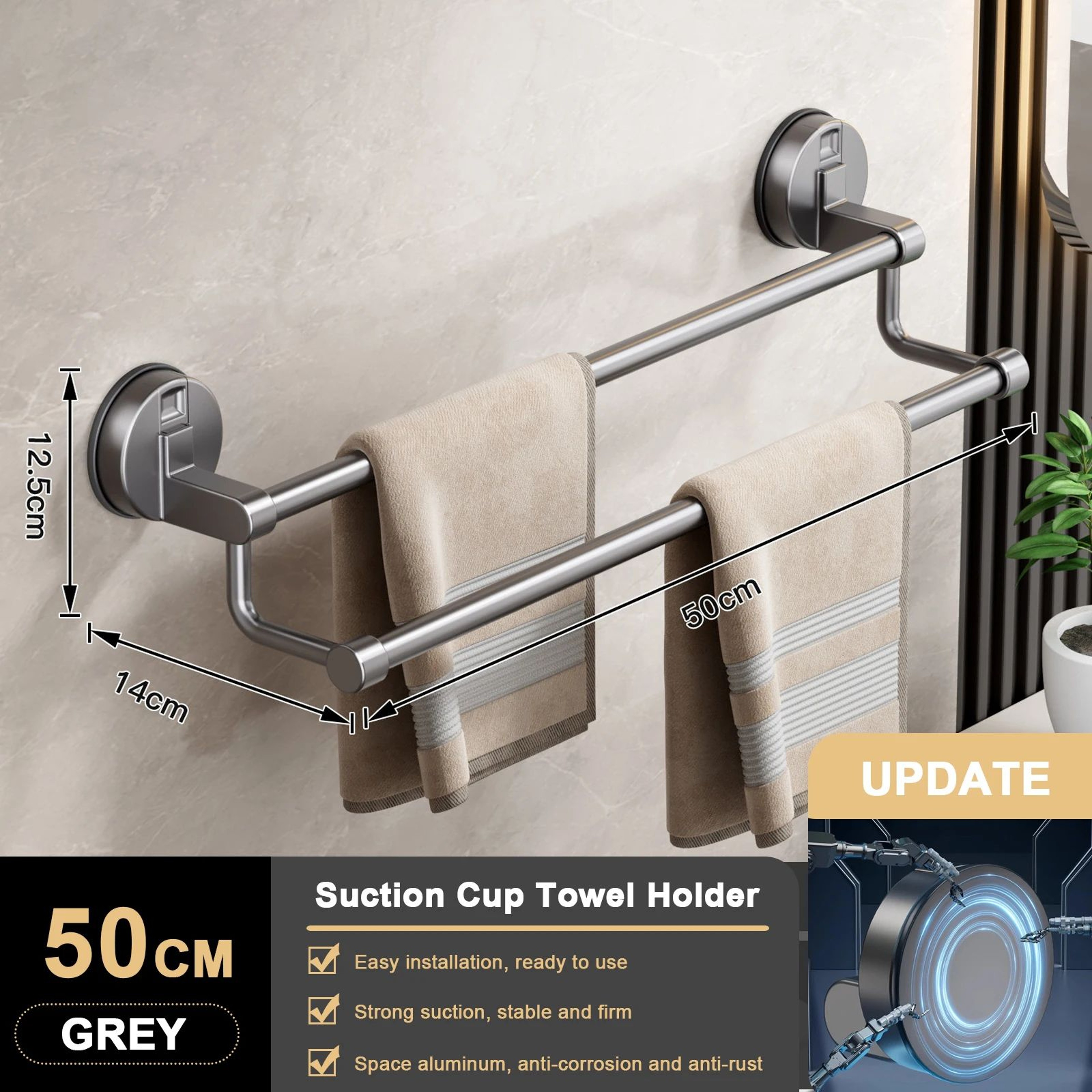 Suction Cup Towel Rack Wall Mount  No Drill Double Bar Bathroom Organizer 304050cm 11