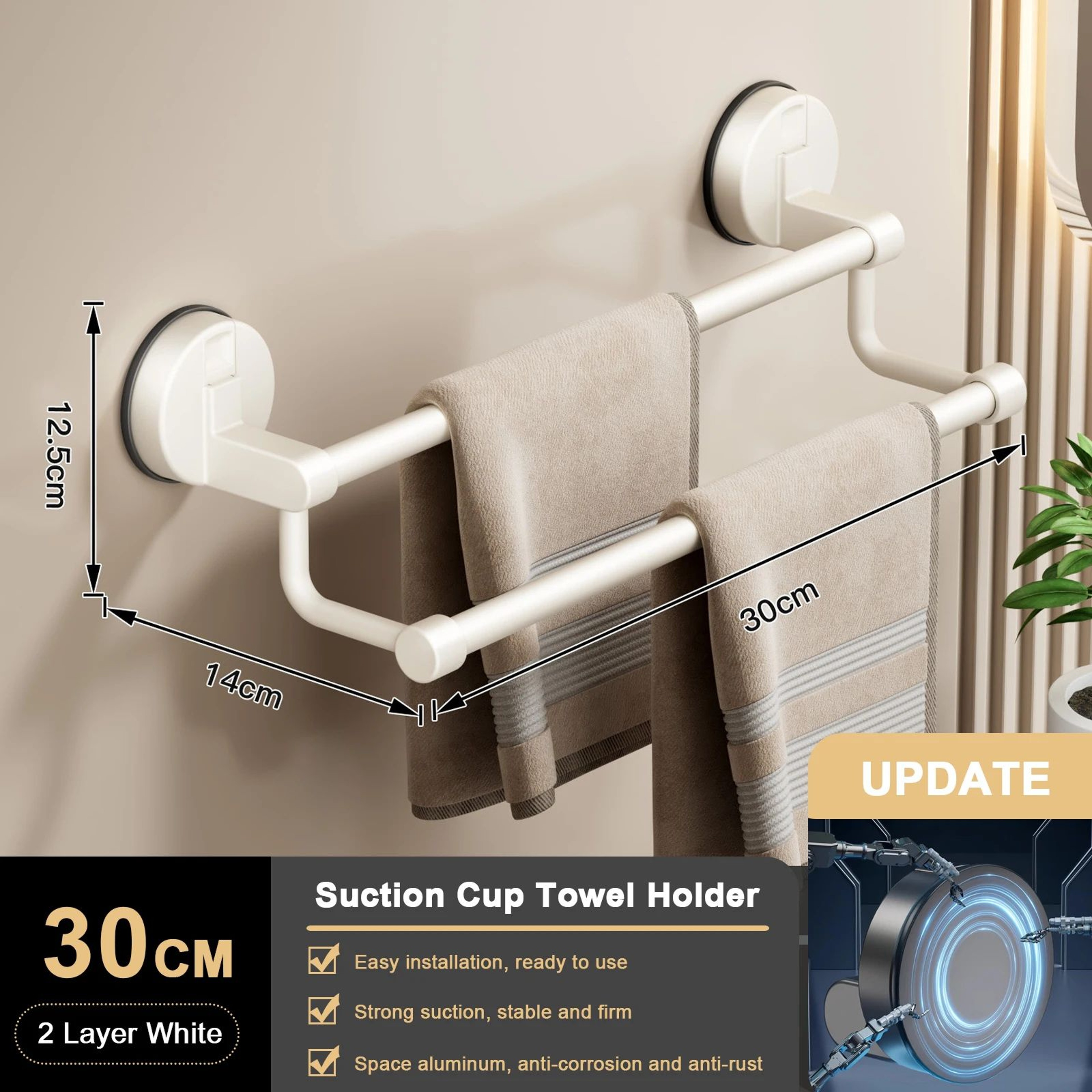 Suction Cup Towel Rack Wall Mount  No Drill Double Bar Bathroom Organizer 304050cm 13