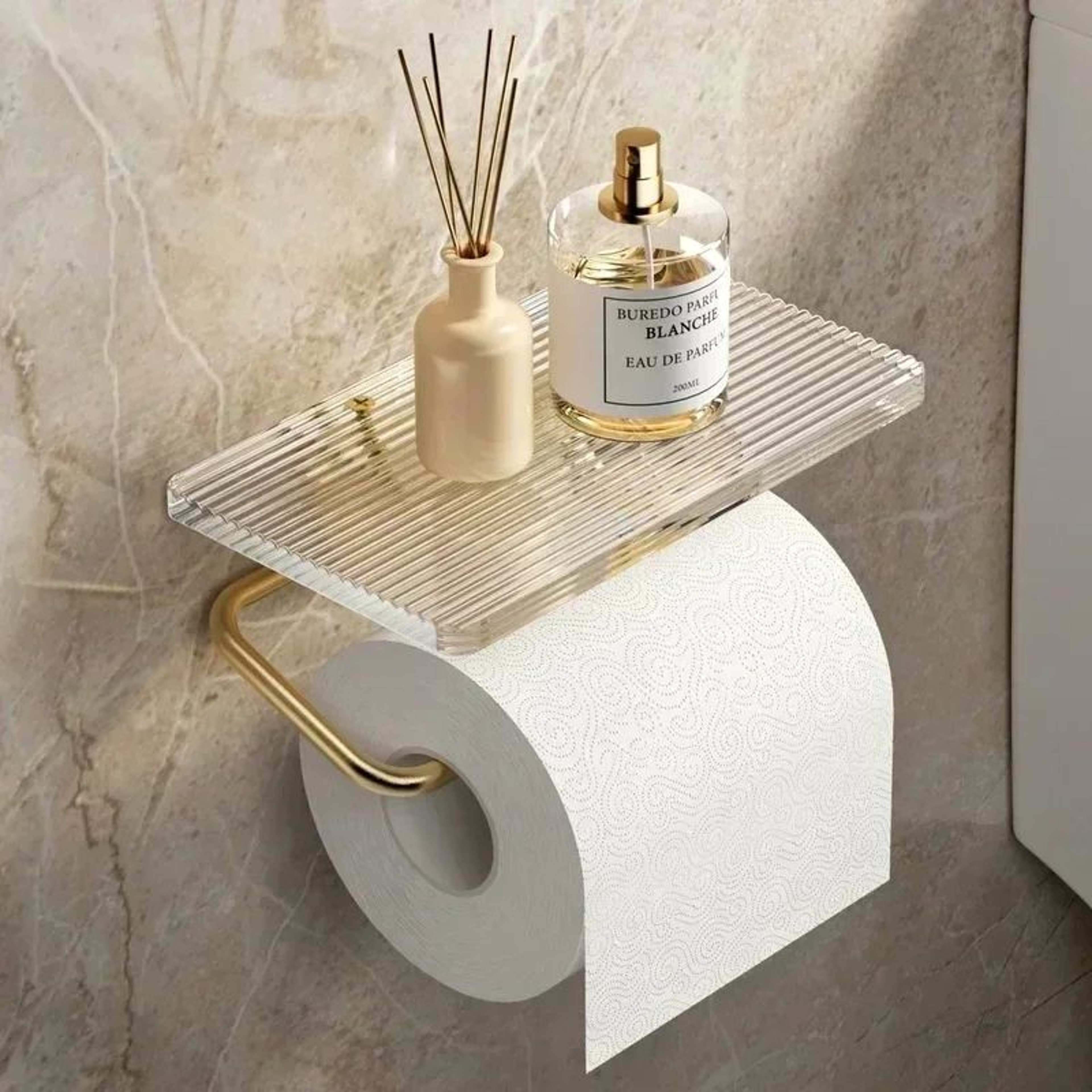 Luxury Gold Toilet Paper Holder With Shelf  No Drill Wall Mounted Bathroom Organizer 1