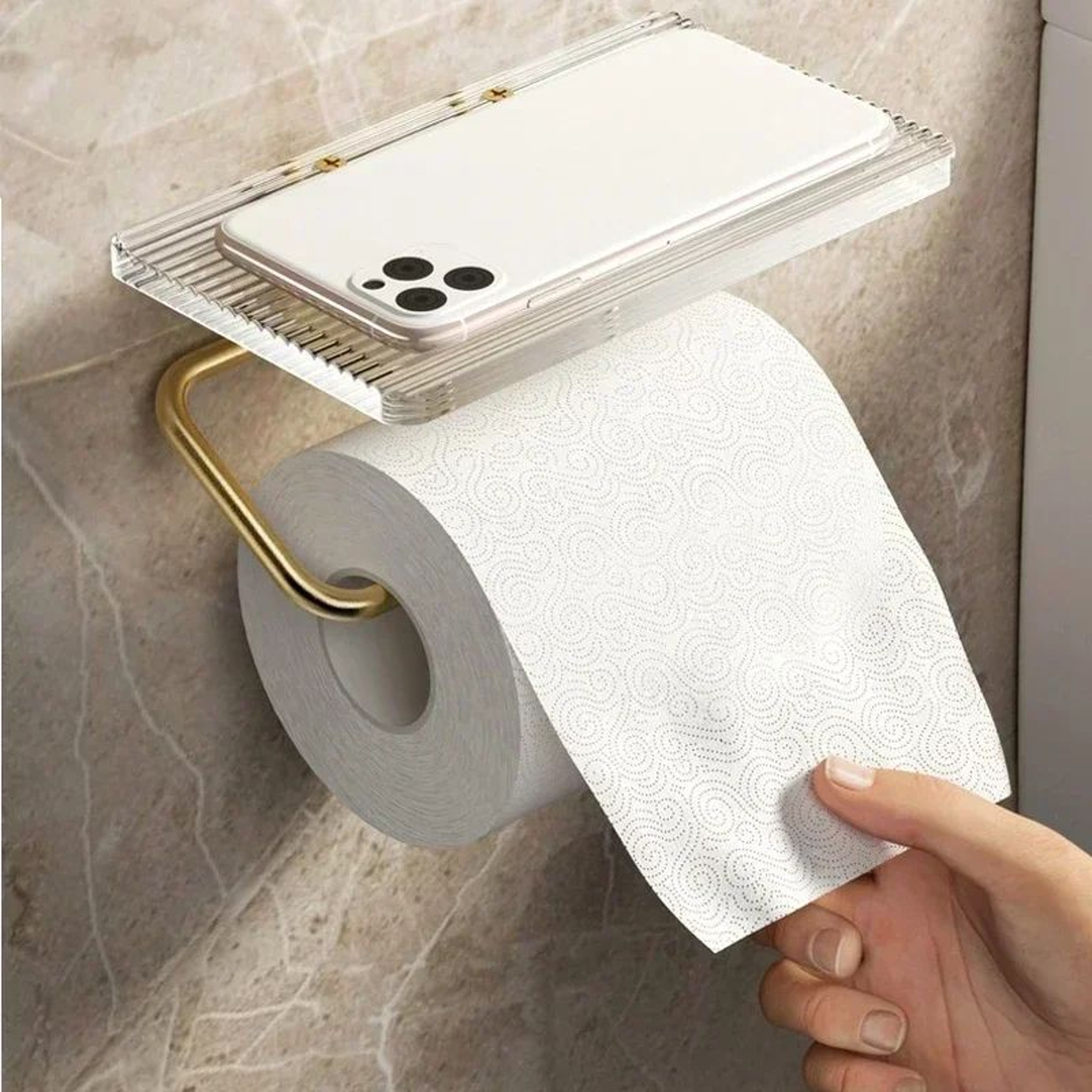 Luxury Gold Toilet Paper Holder With Shelf  No Drill Wall Mounted Bathroom Organizer 2