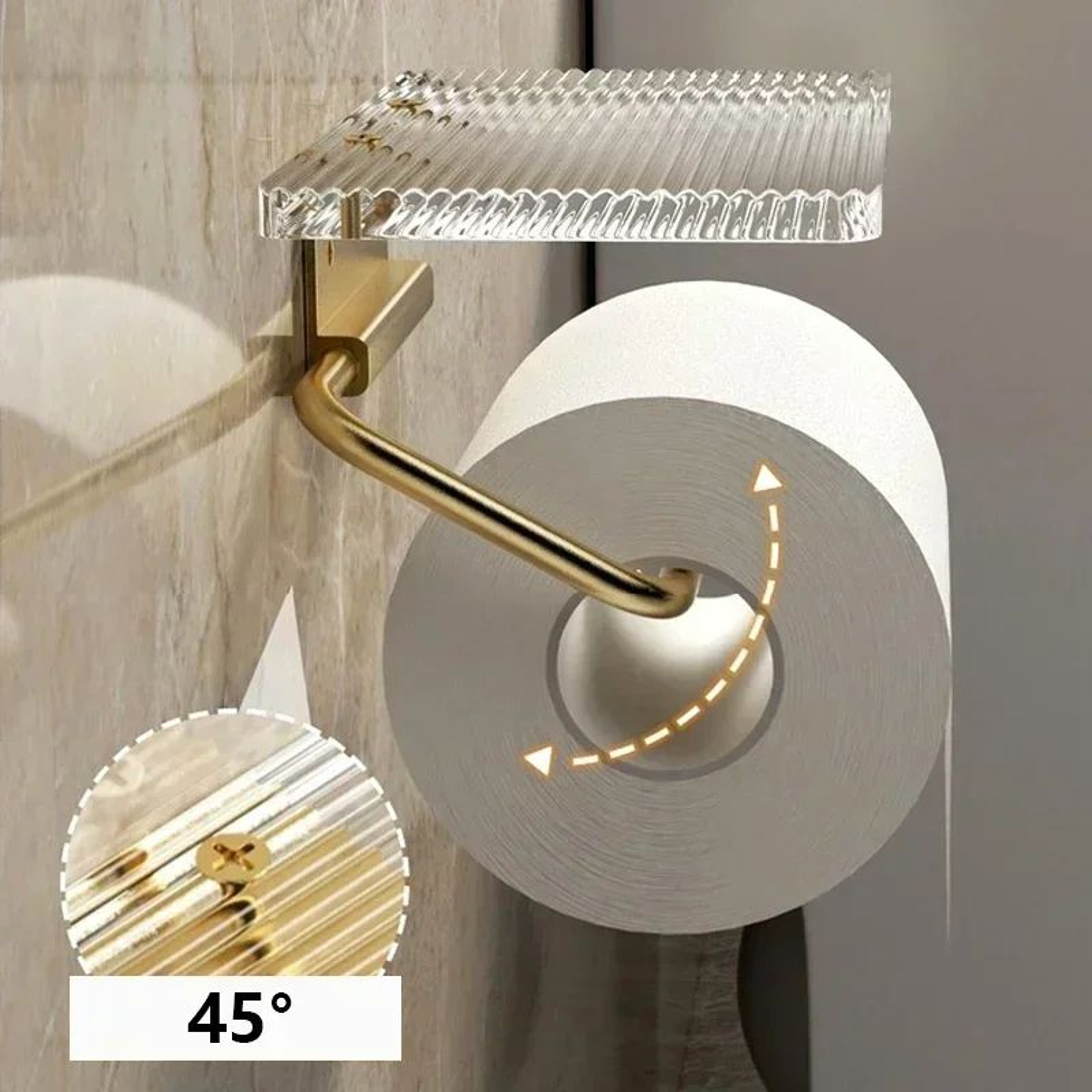 Luxury Gold Toilet Paper Holder With Shelf  No Drill Wall Mounted Bathroom Organizer 4