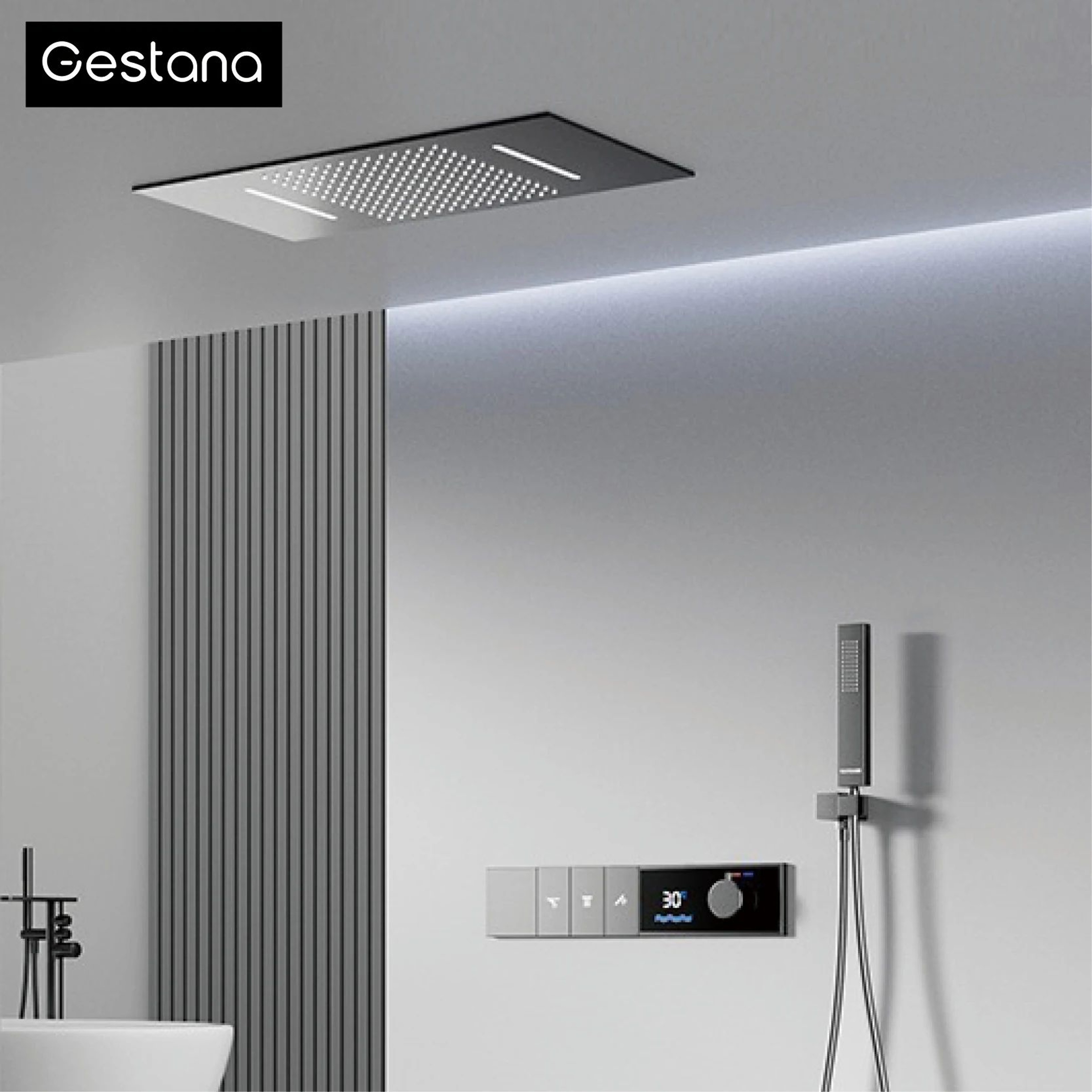 Luxury Thermostatic LED Shower System With Ceiling Waterfall  3 Spray Modes 0