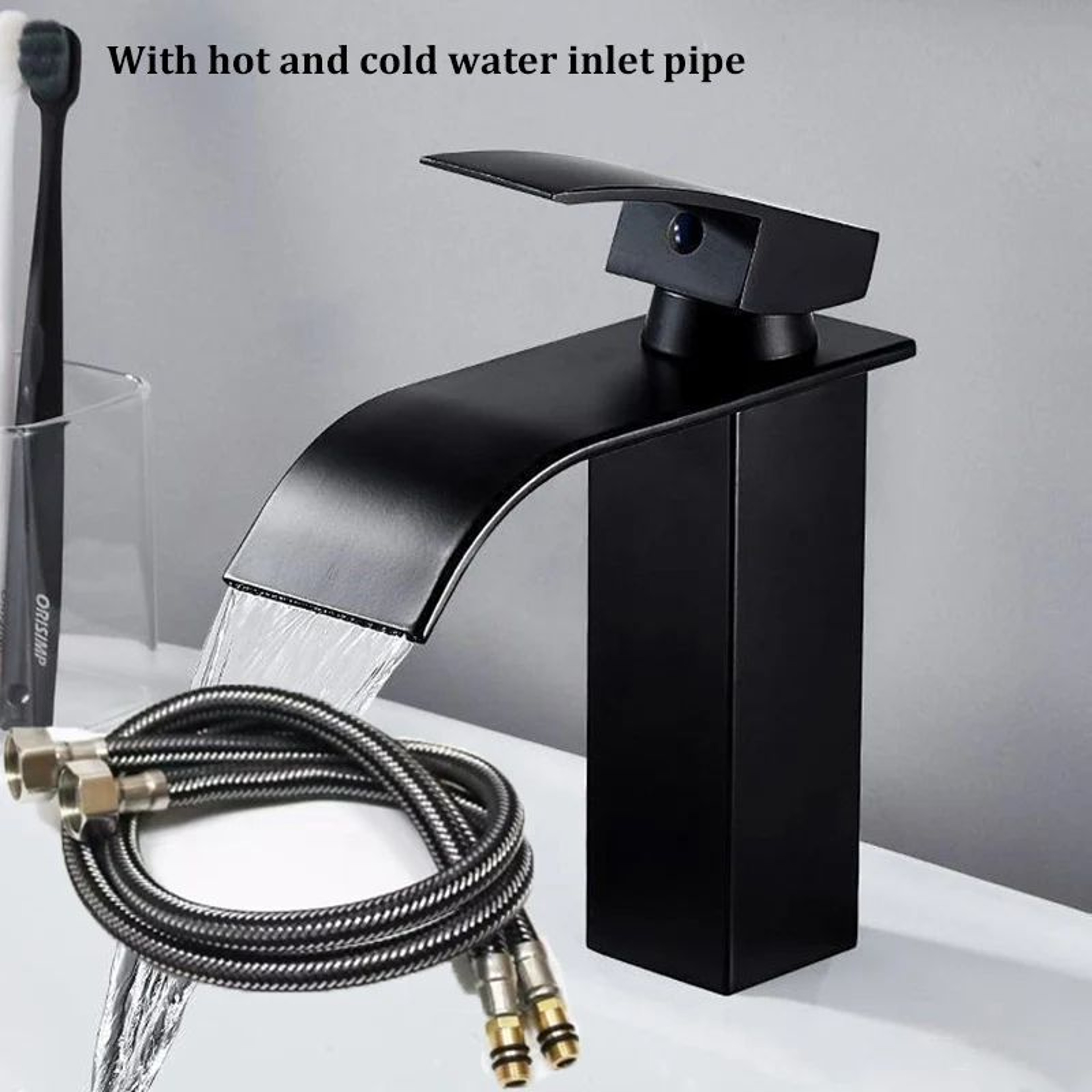 Matte Black Waterfall Bathroom Faucet With Hot  Cold Supply Lines 0