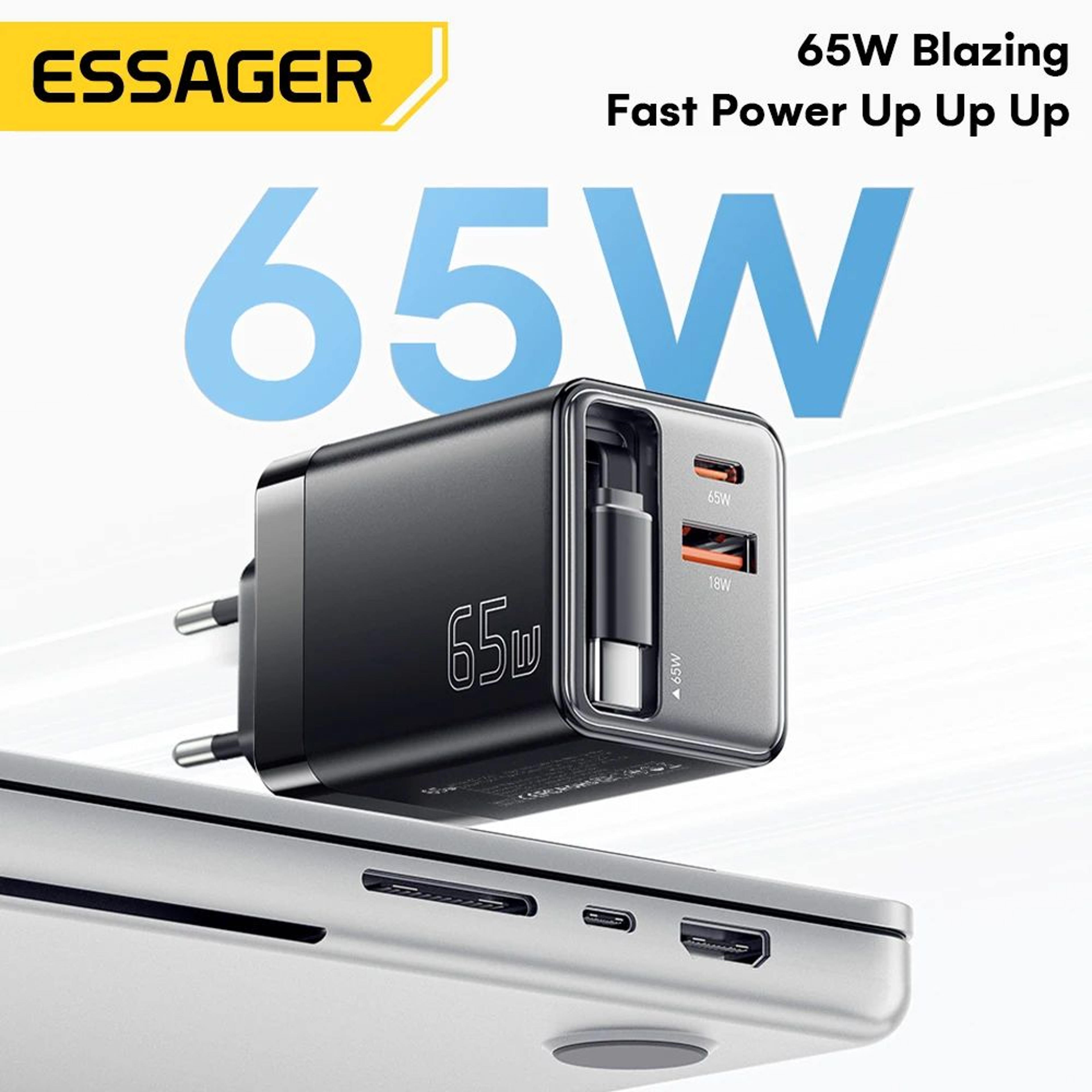 Essager 65W GaN Charger With Retractable Cable  PD Fast Charging USBC Laptop  Phone Power Adapter 2