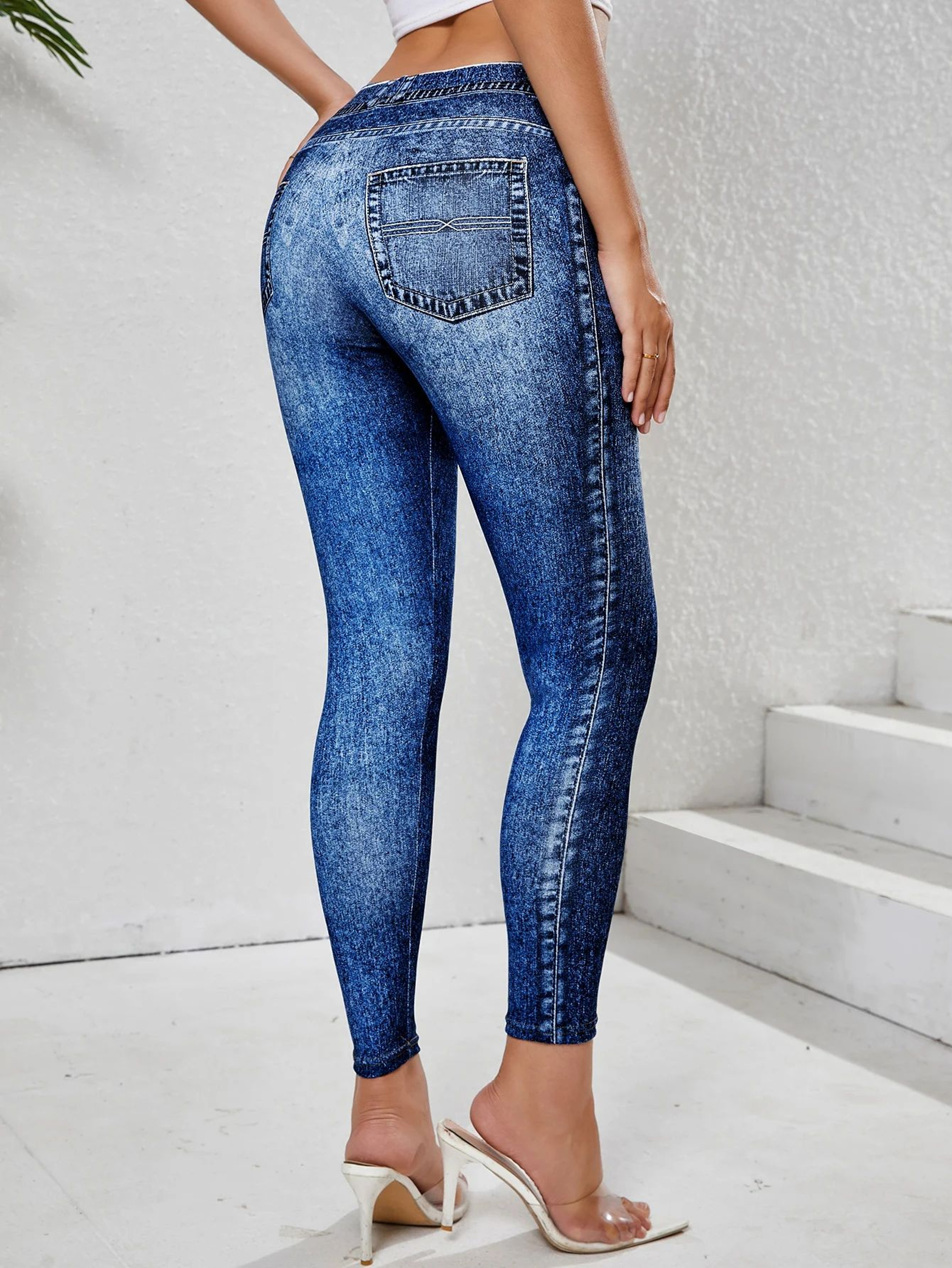 Denim Look High Waist Tummy Control Leggings With Pockets 2