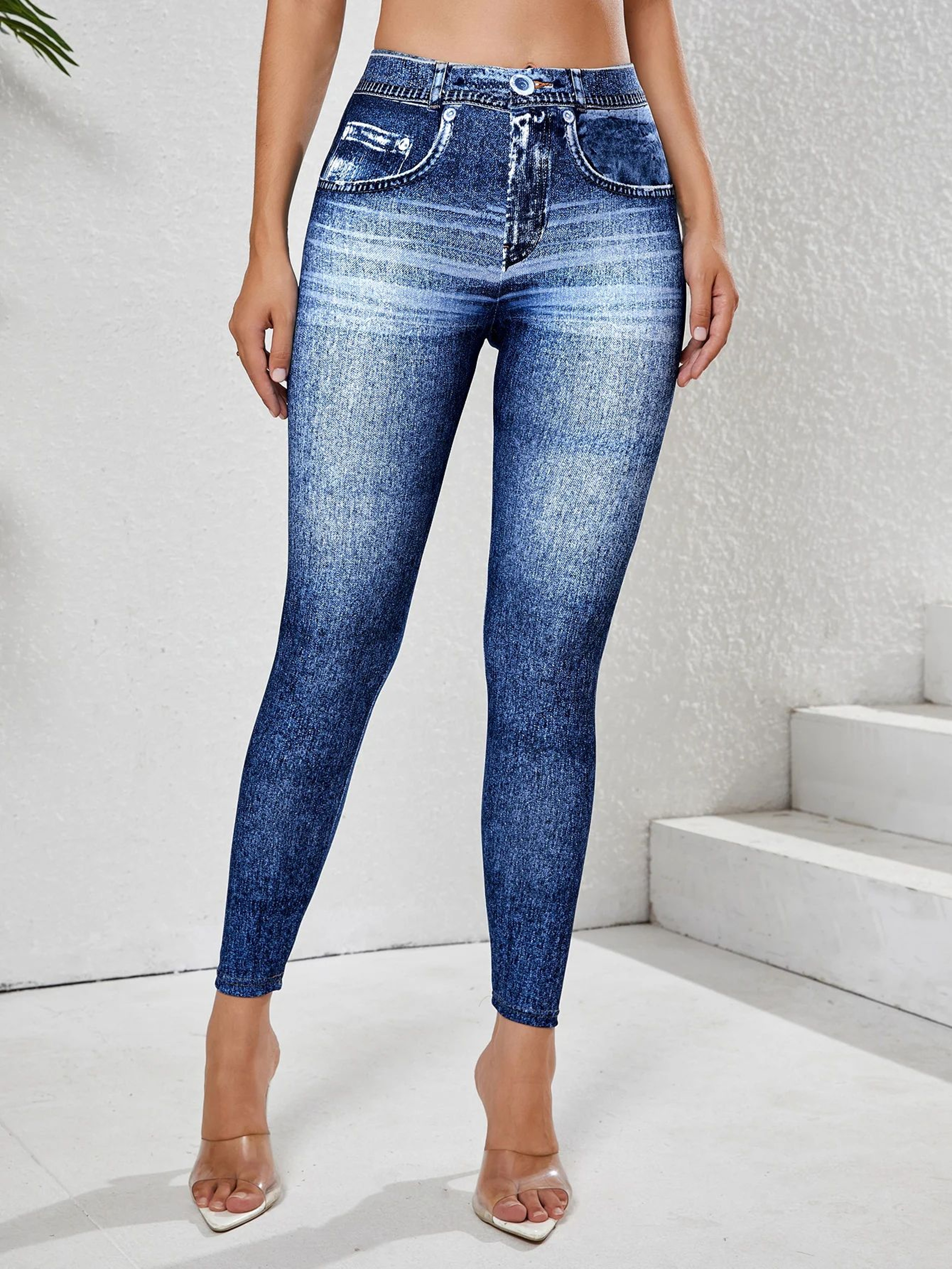 Denim Look High Waist Tummy Control Leggings With Pockets 3