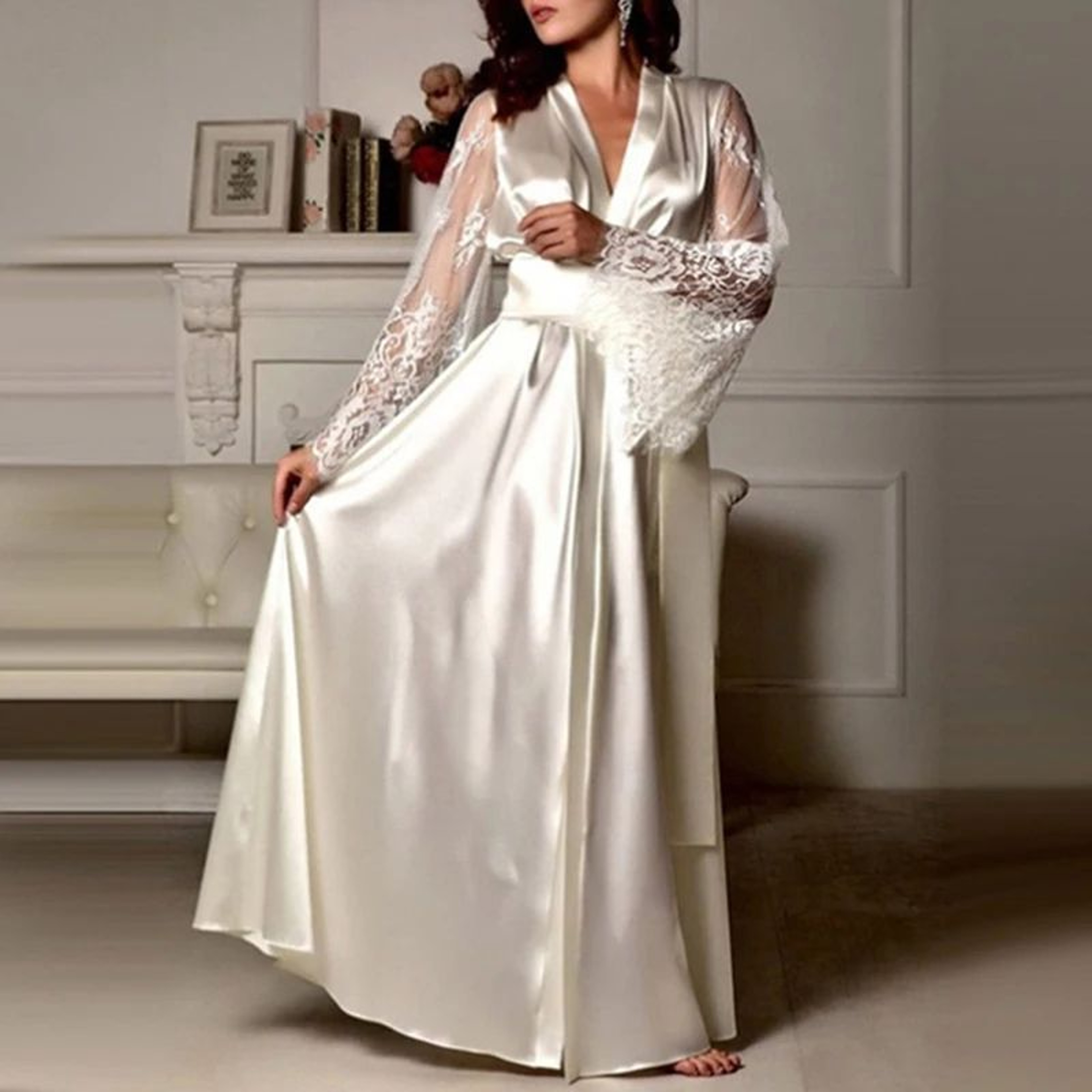 Womens Satin Robe With Lace Trim Long SilkFeel Bathrobe  Nightgown 4