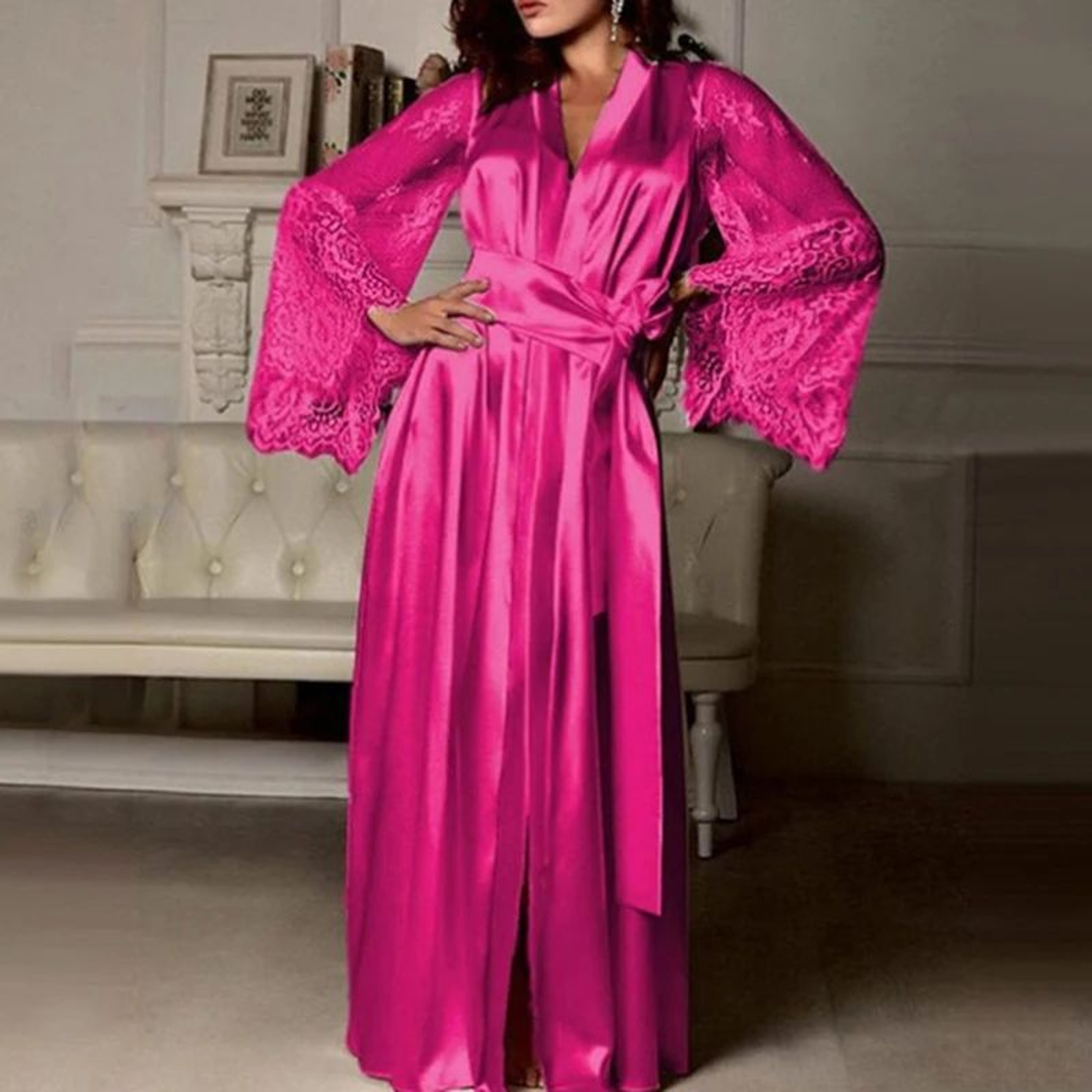 Womens Satin Robe With Lace Trim Long SilkFeel Bathrobe  Nightgown 5