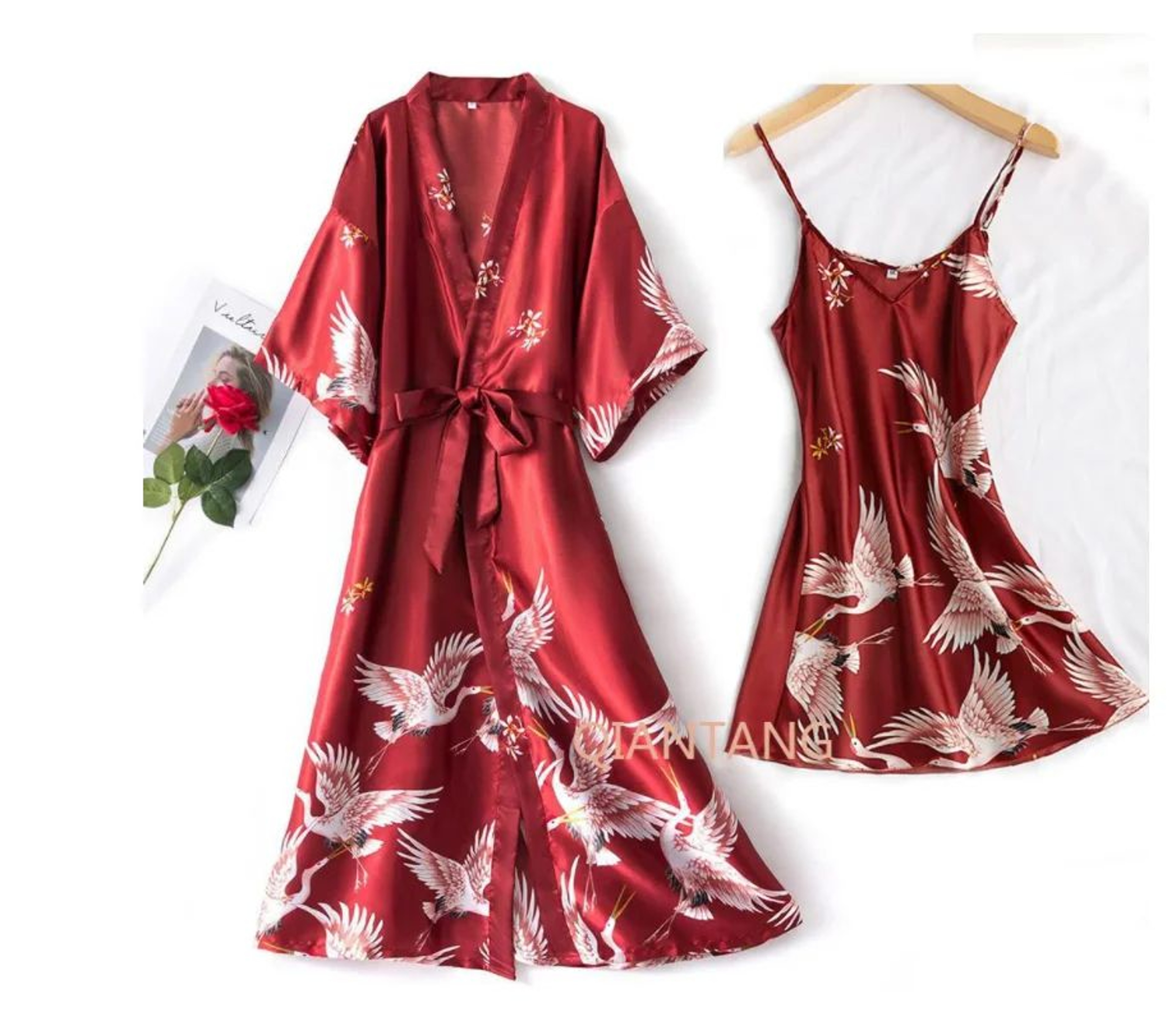 SilkLuxe 2Piece Satin Pajama Set With Robe For Women 3