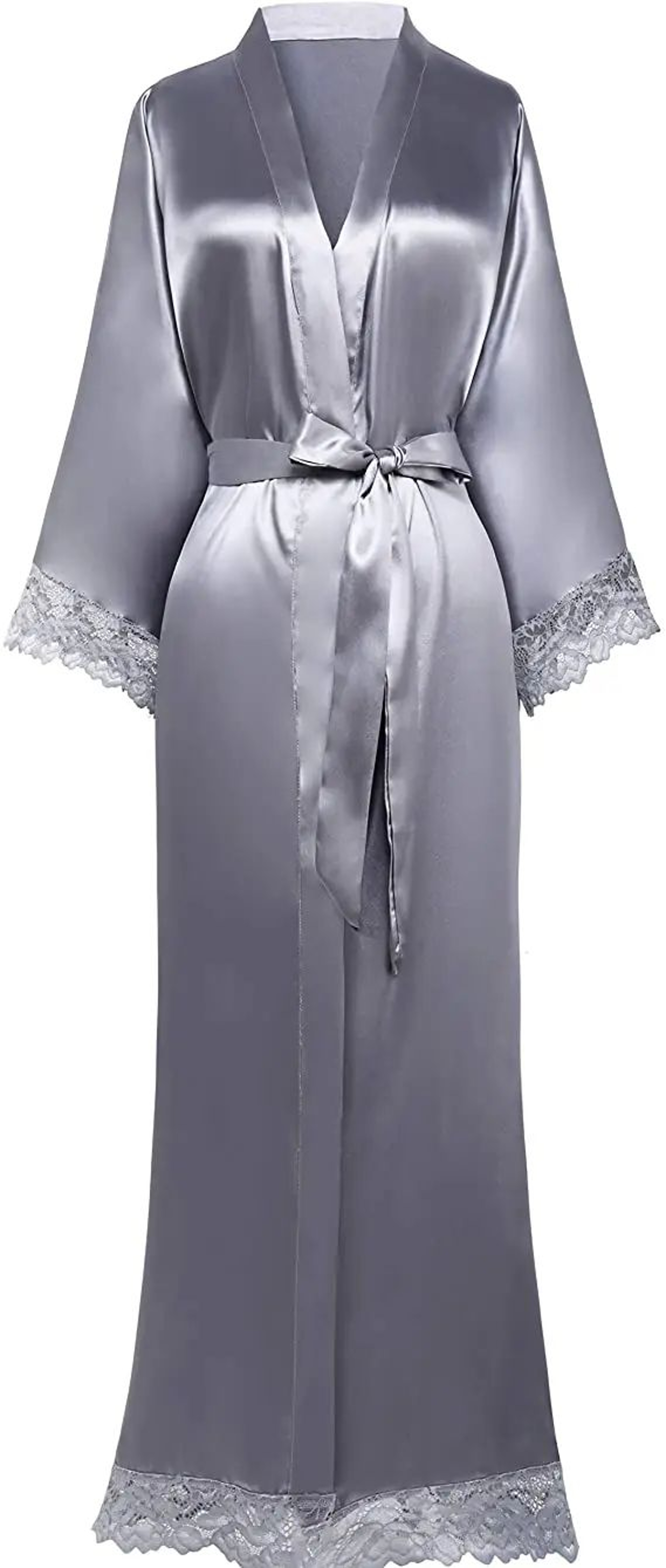 Satin Bridal Robe With Lace Trim  Elegant Long Satin Robe For Bride  Bridesmaids 3