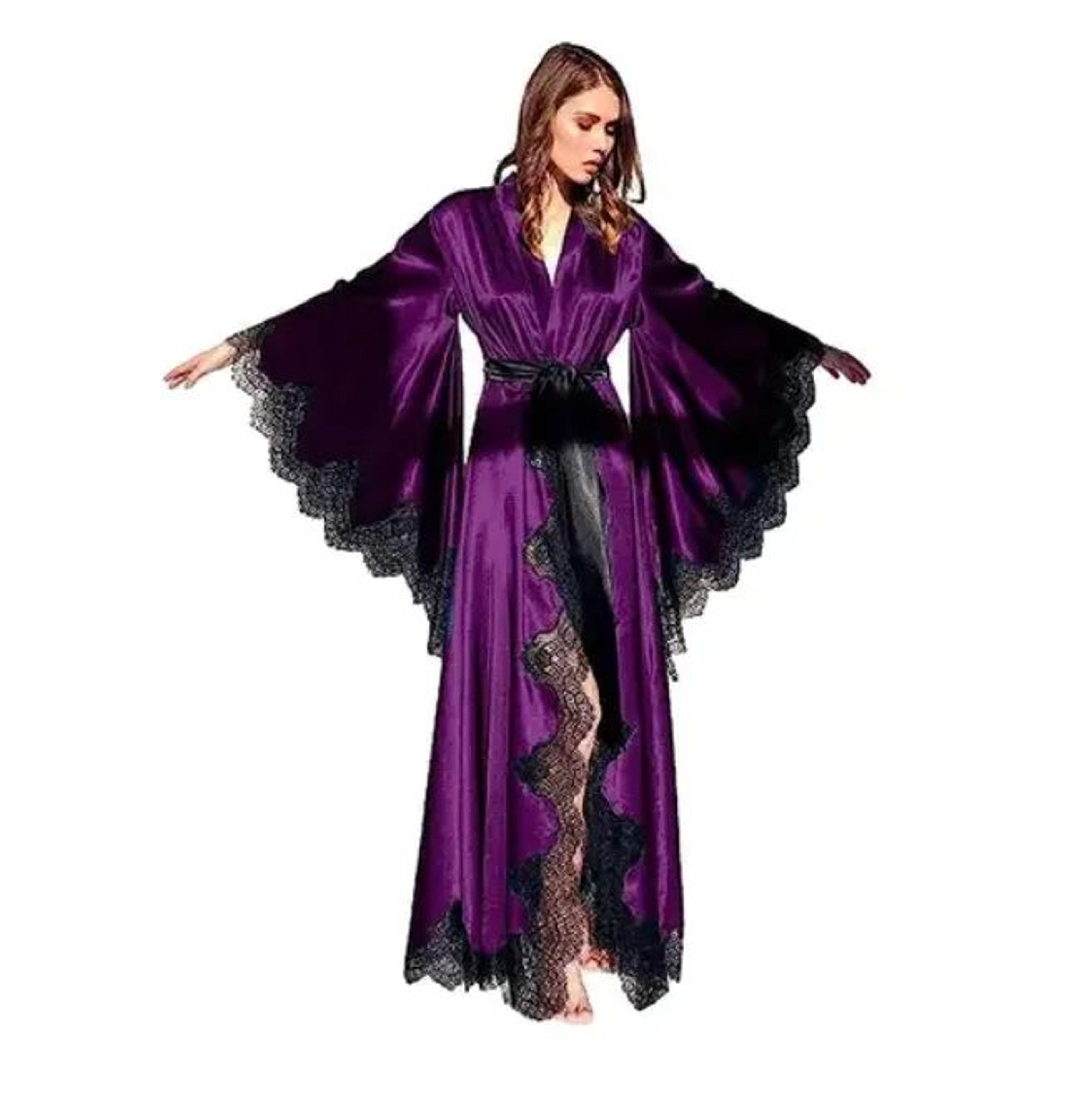 Long Black Satin Lace Kimono Robe For Bridal Getting Ready  Photo Shoots 5