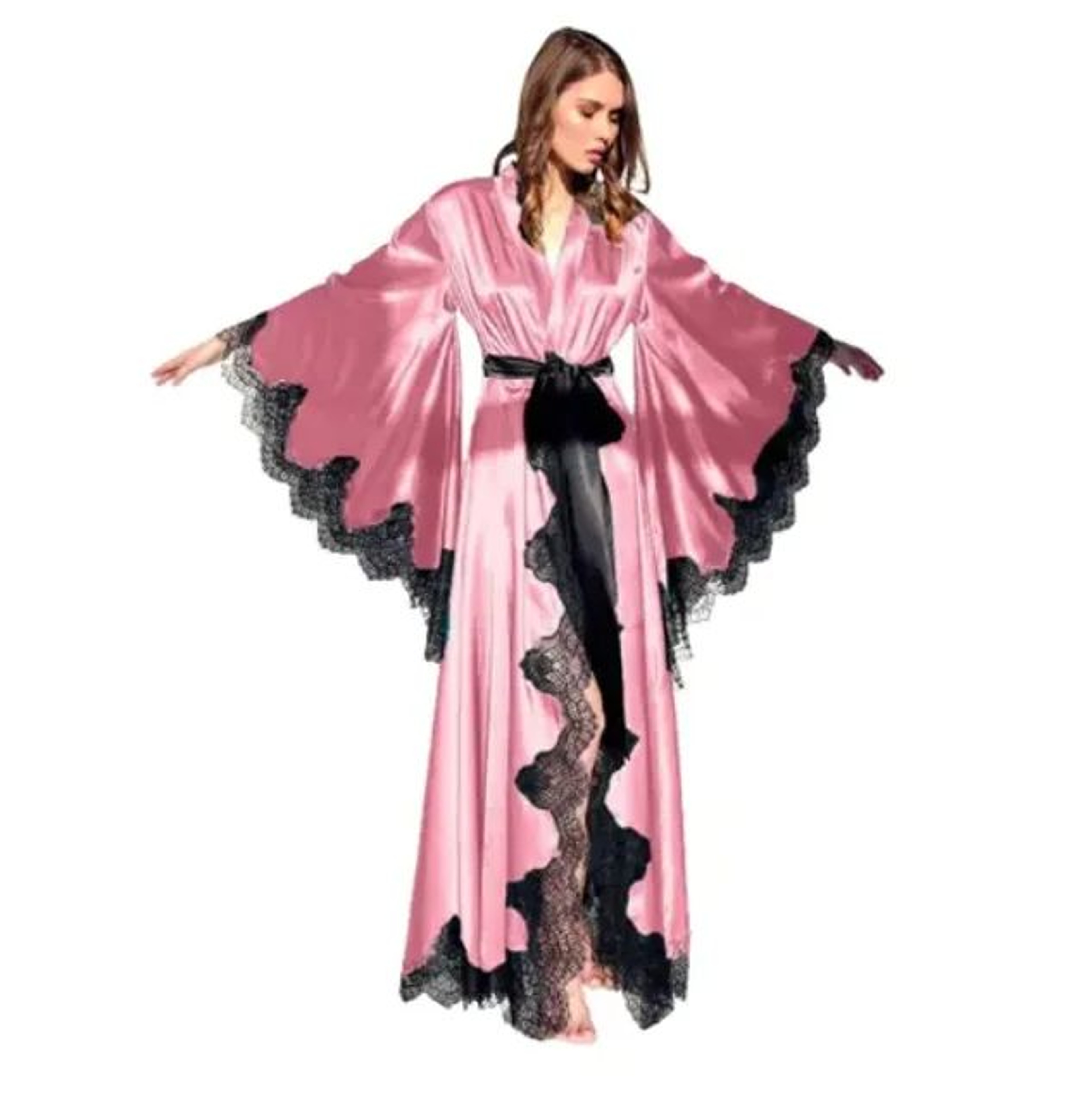 Long Black Satin Lace Kimono Robe For Bridal Getting Ready  Photo Shoots 6